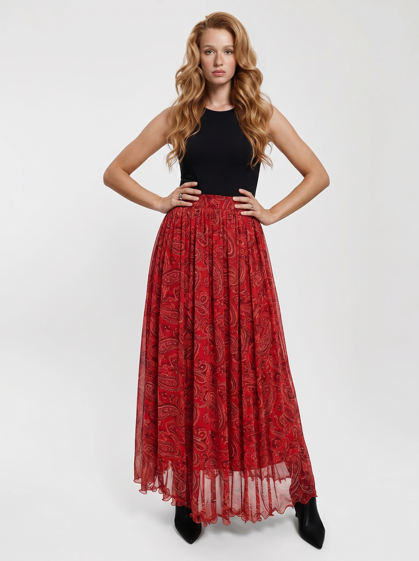 Shapewear Paisley High Waist A-Line Maxi Skirt - Red
