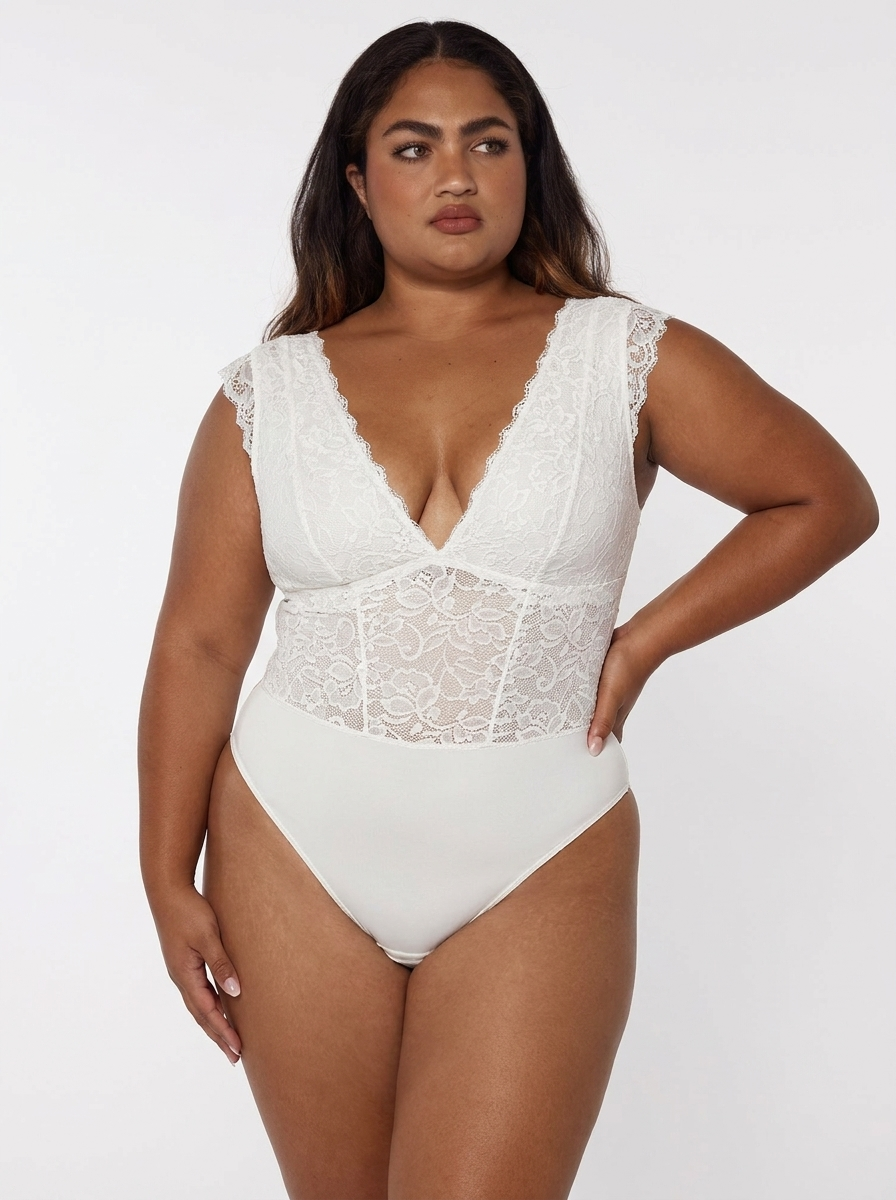 Shapewear V-neck Sleeveless Sculpting Lace Bodysuit - White