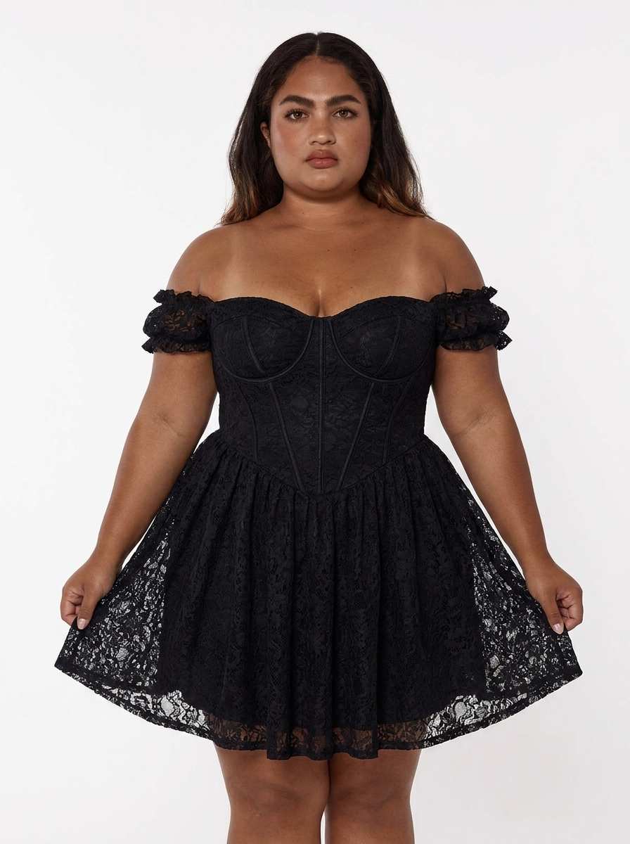 Off-The-Shoulder Sculpting Corset Fit & Flare Mini Dress - Black Lace