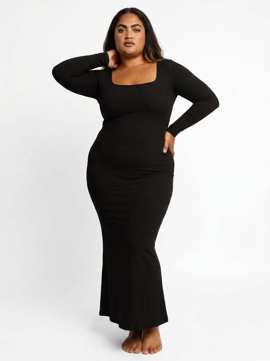 Shapewear Soft Modal Sculpting Dresses - Long Sleeve Maxi Dress Black