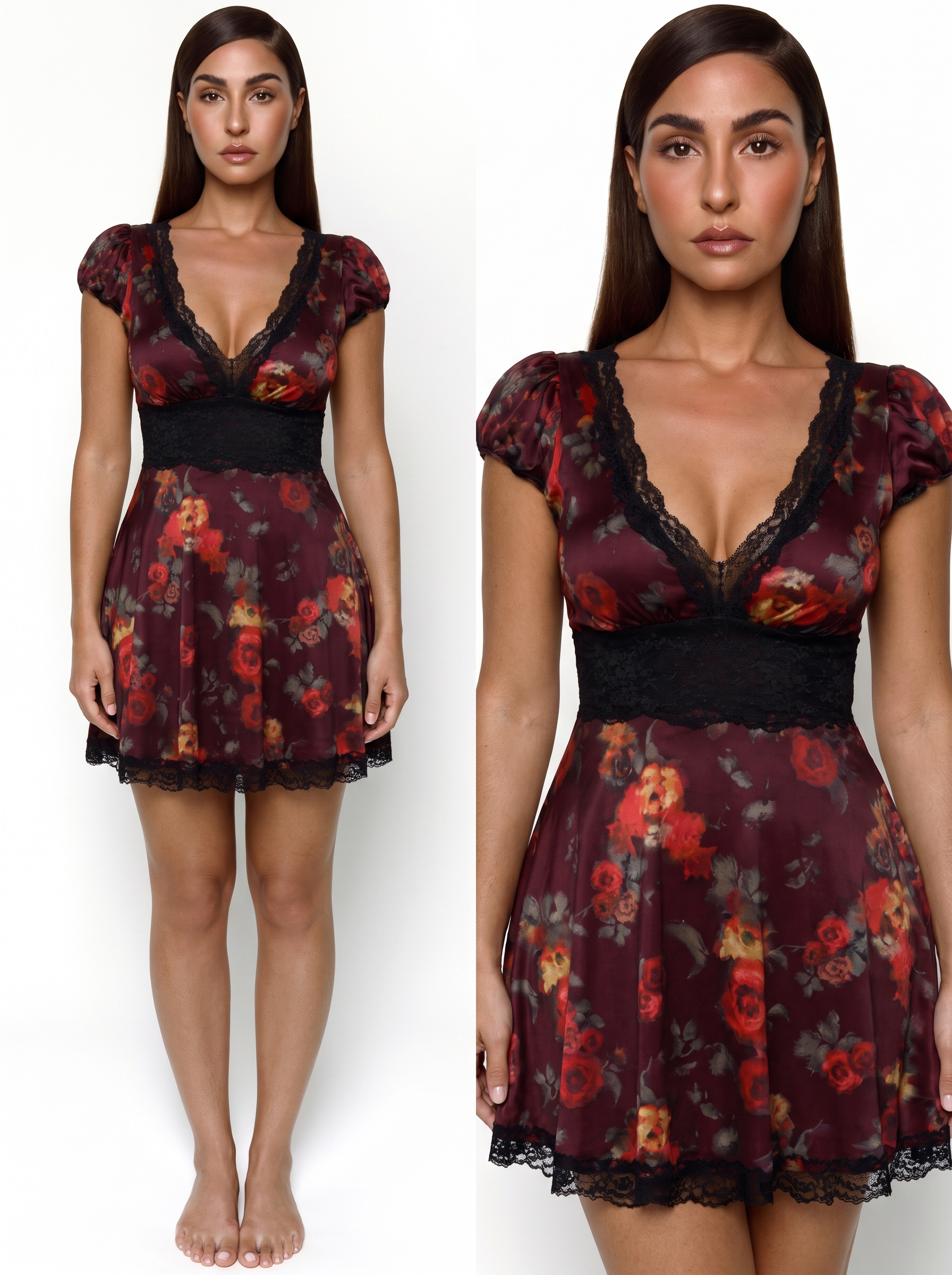 Lace Trim Sculpting Fit & Flare Mini Dress - Burgundy Floral