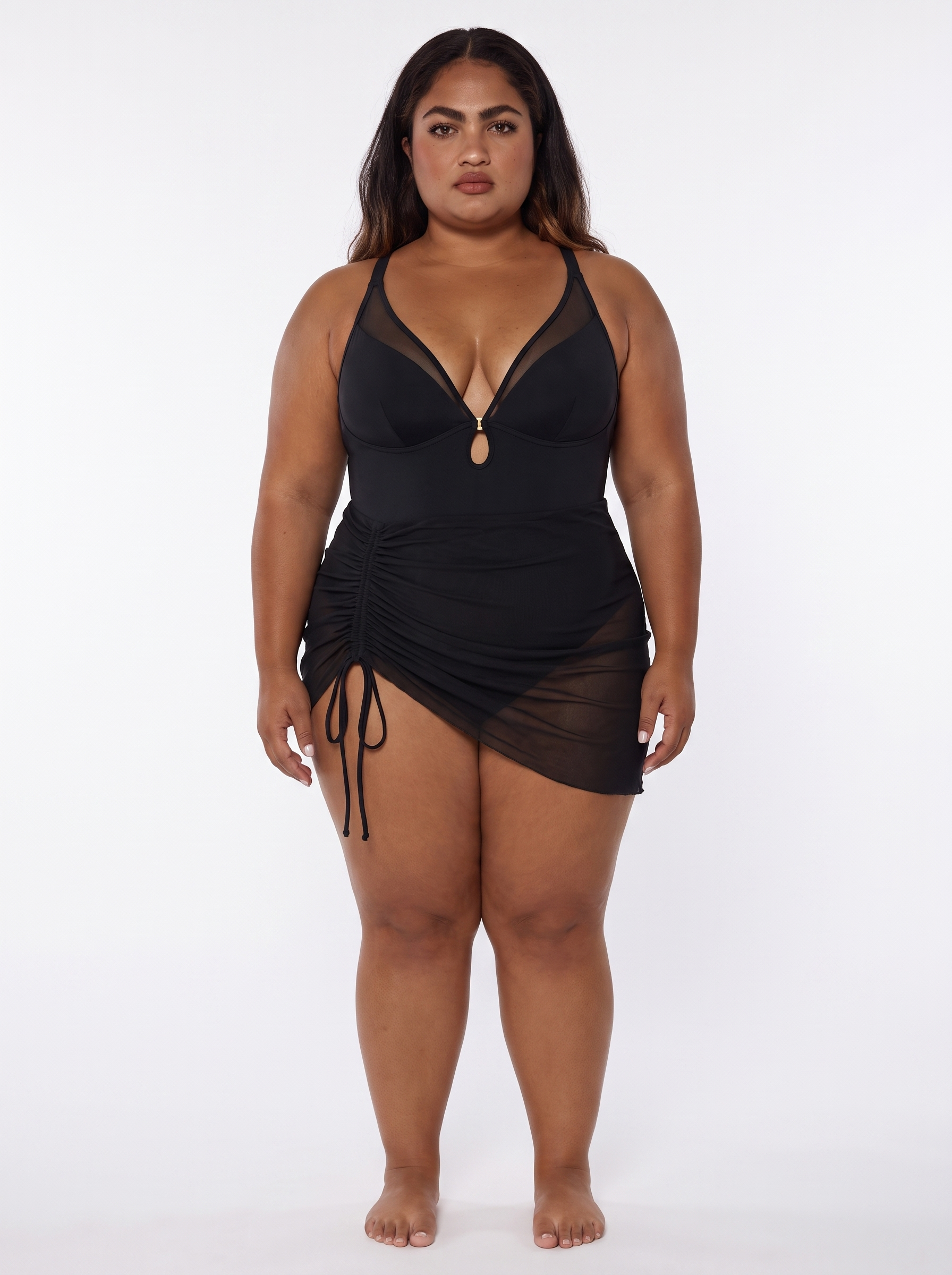 Sculpting Curve Mesh Skirt One-Piece Swimsuit - Black