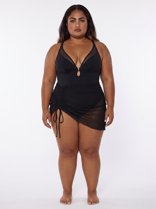 Sculpting Curve Mesh Skirt One-Piece Swimsuit - Black