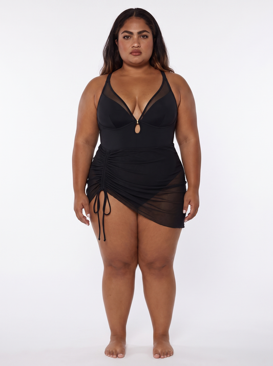 Sculpting Curve Mesh Skirt One-Piece Swimsuit - Black