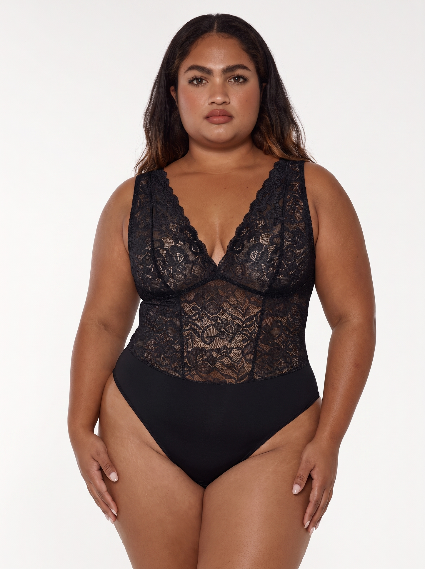 Shapewear V-neck Sleeveless Sculpting Lace Bodysuit - Black