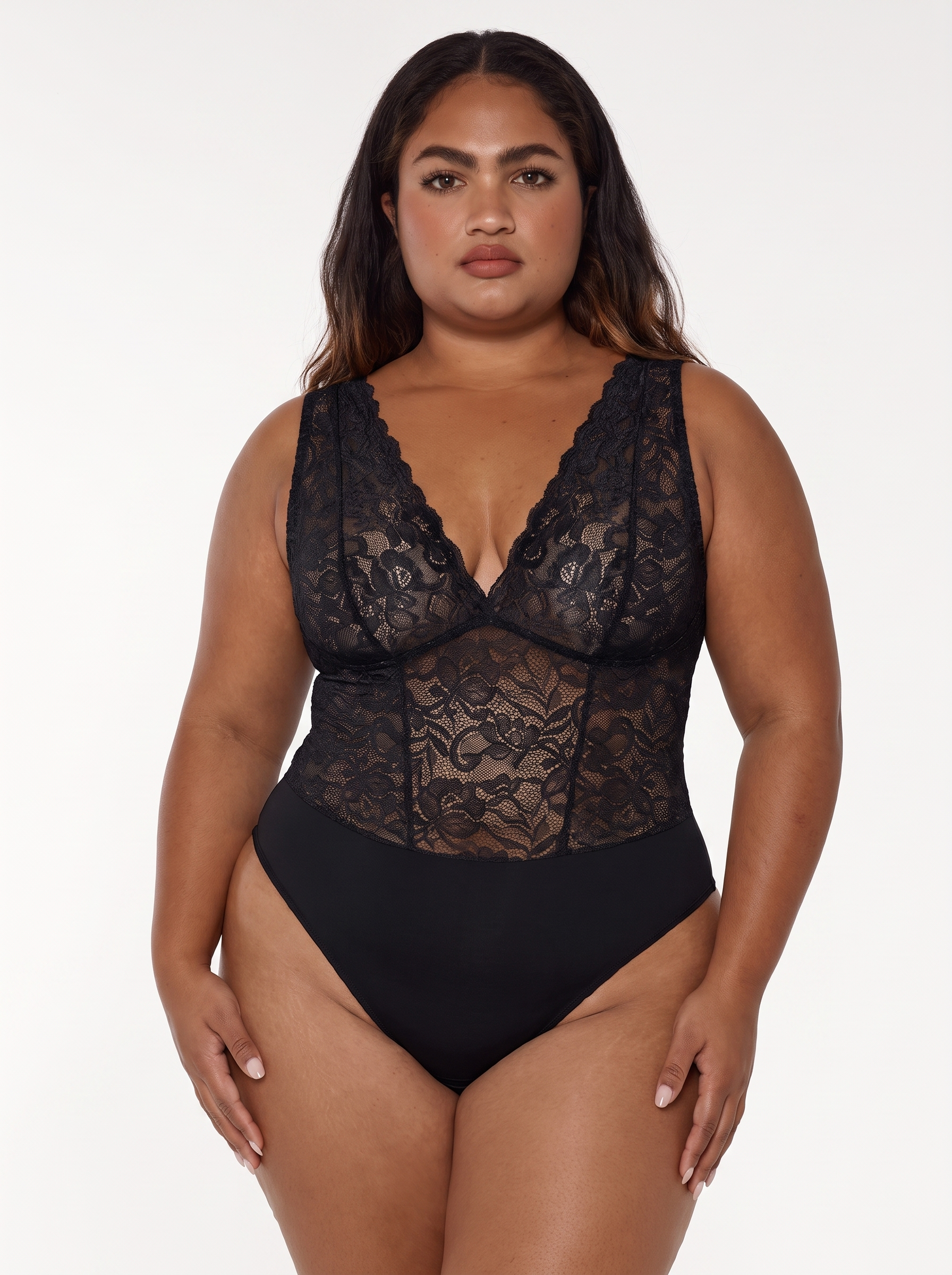 Shapewear V-neck Sleeveless Sculpting Lace Bodysuit - Black