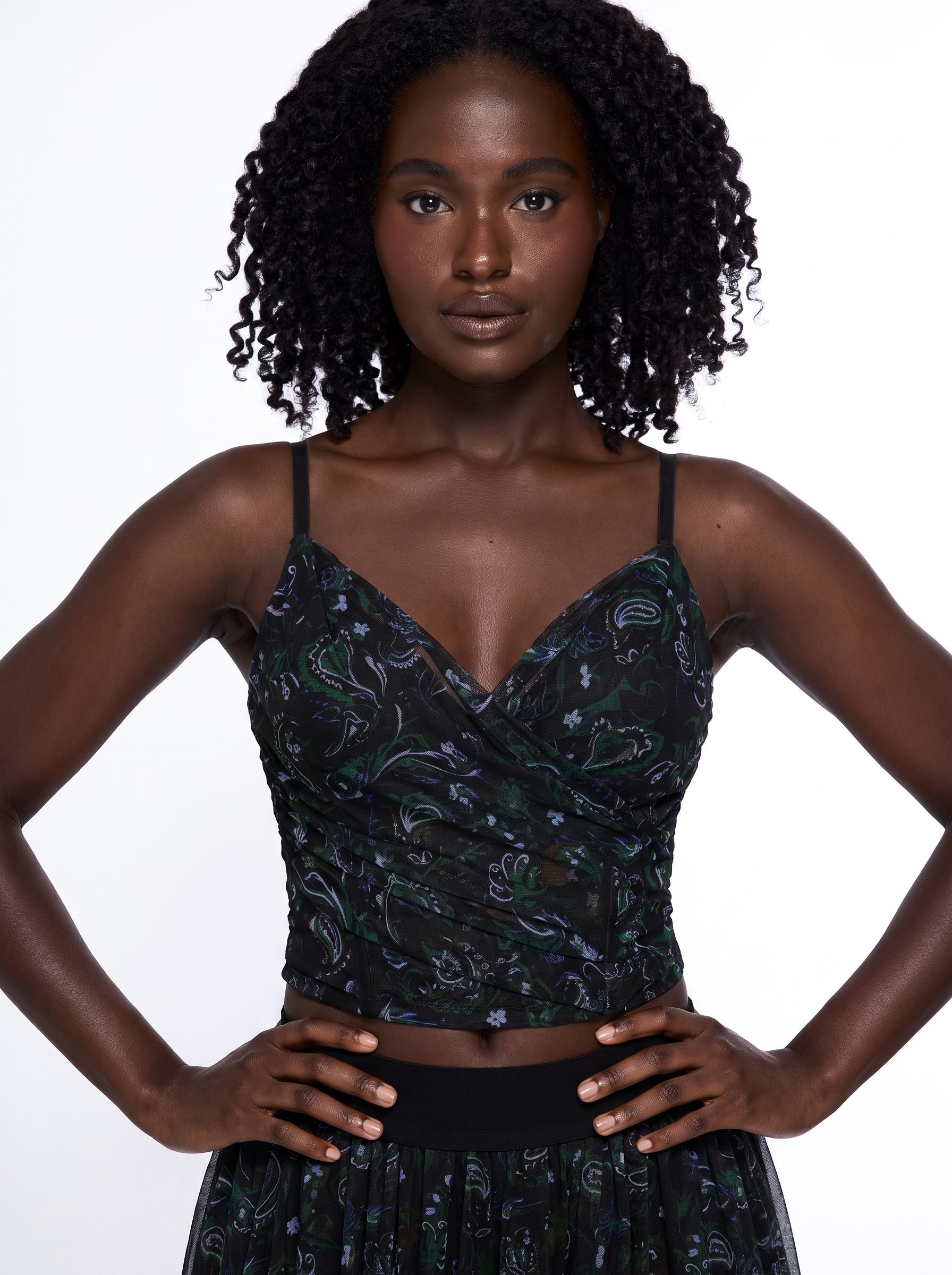 Shapewear Paisley V Neck Mesh Cami Corset Top - Black