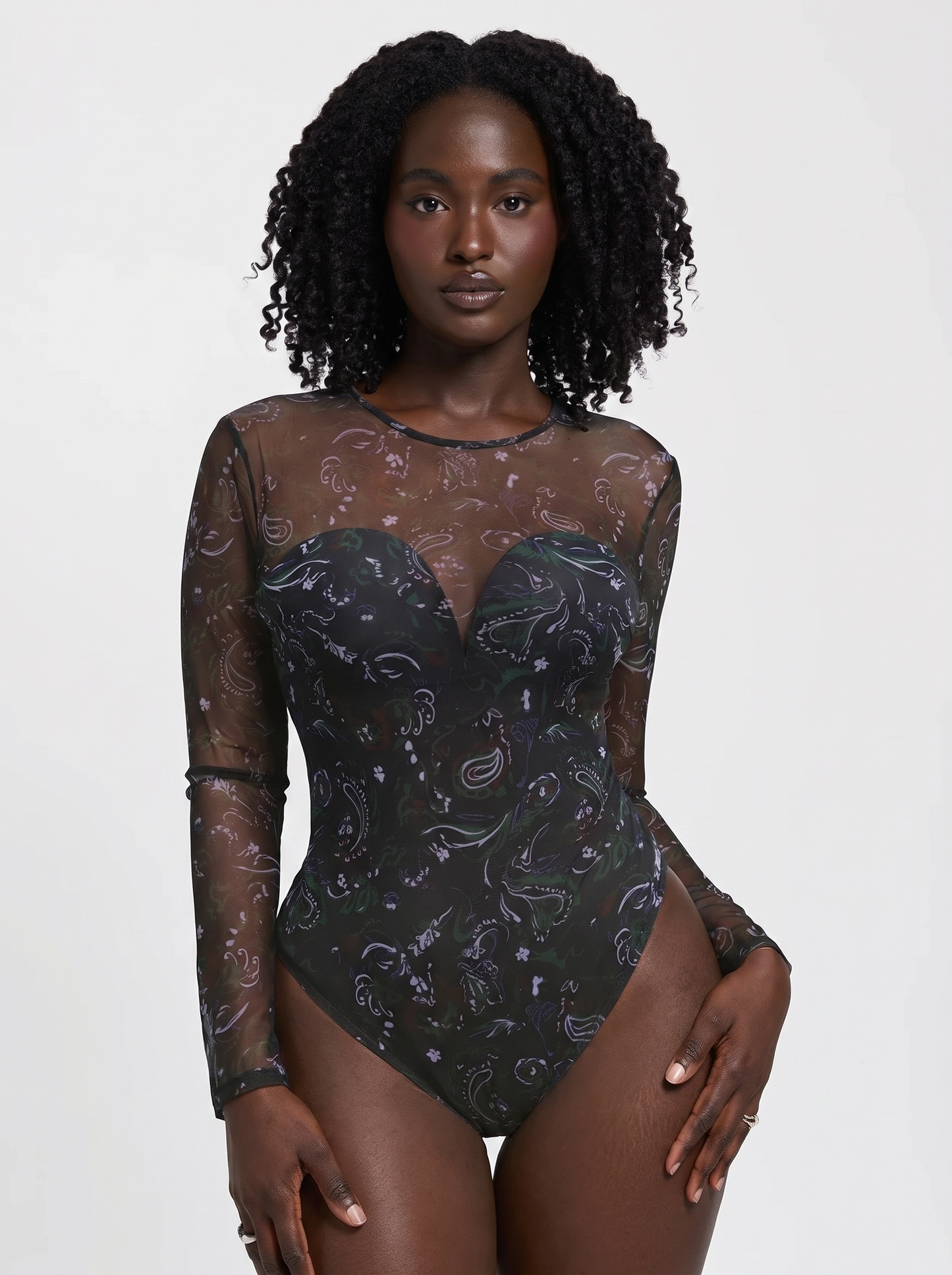 Shapewear Paisley Mesh Long Sleeve Sweetheart Bodysuit - Black