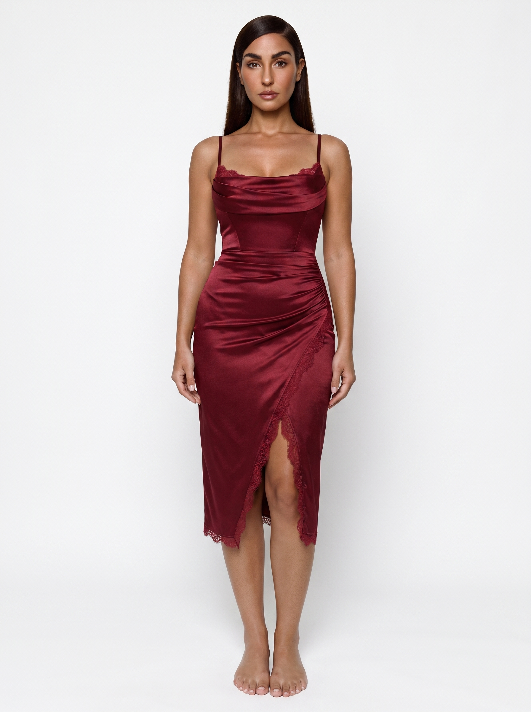 Lace Trim Sculpting Floral-Print Midi Dress - Red