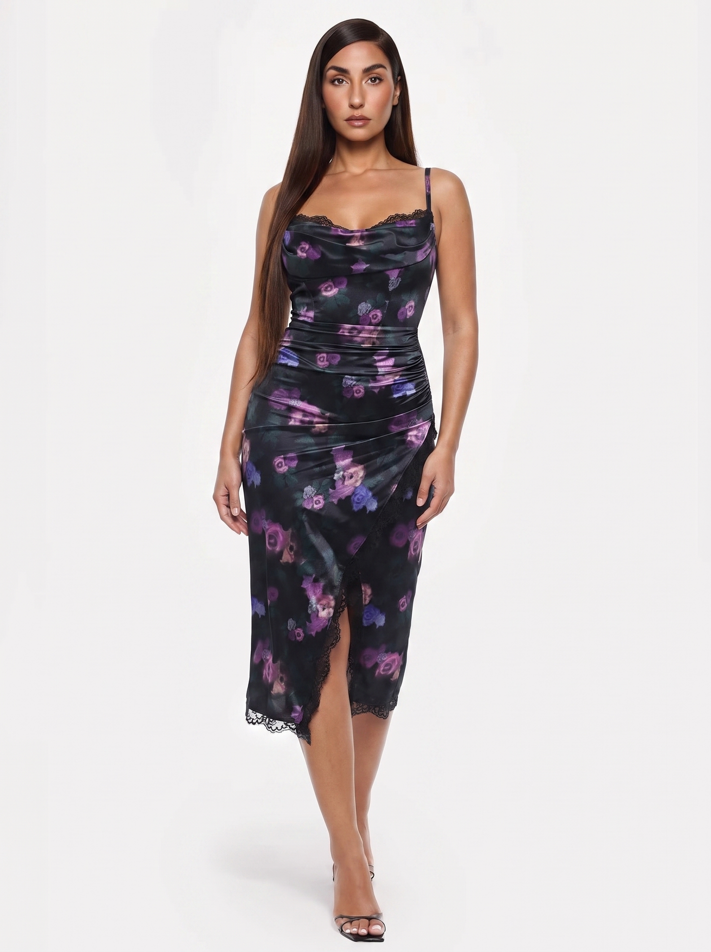 Lace Trim Sculpting Floral-Print Midi Dress - Floral Print