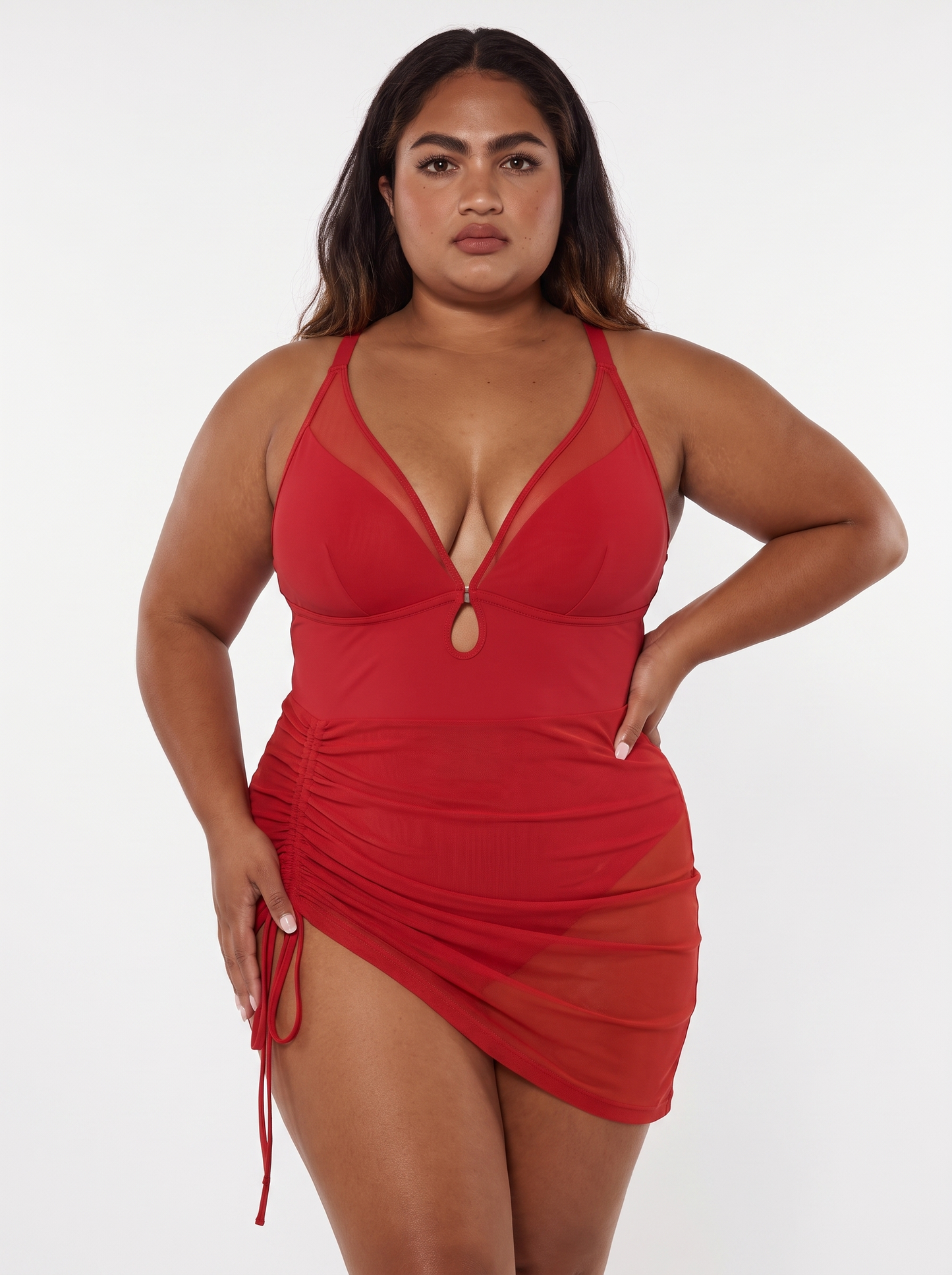 Sculpting Curve Mesh Skirt One-Piece Swimsuit - Red