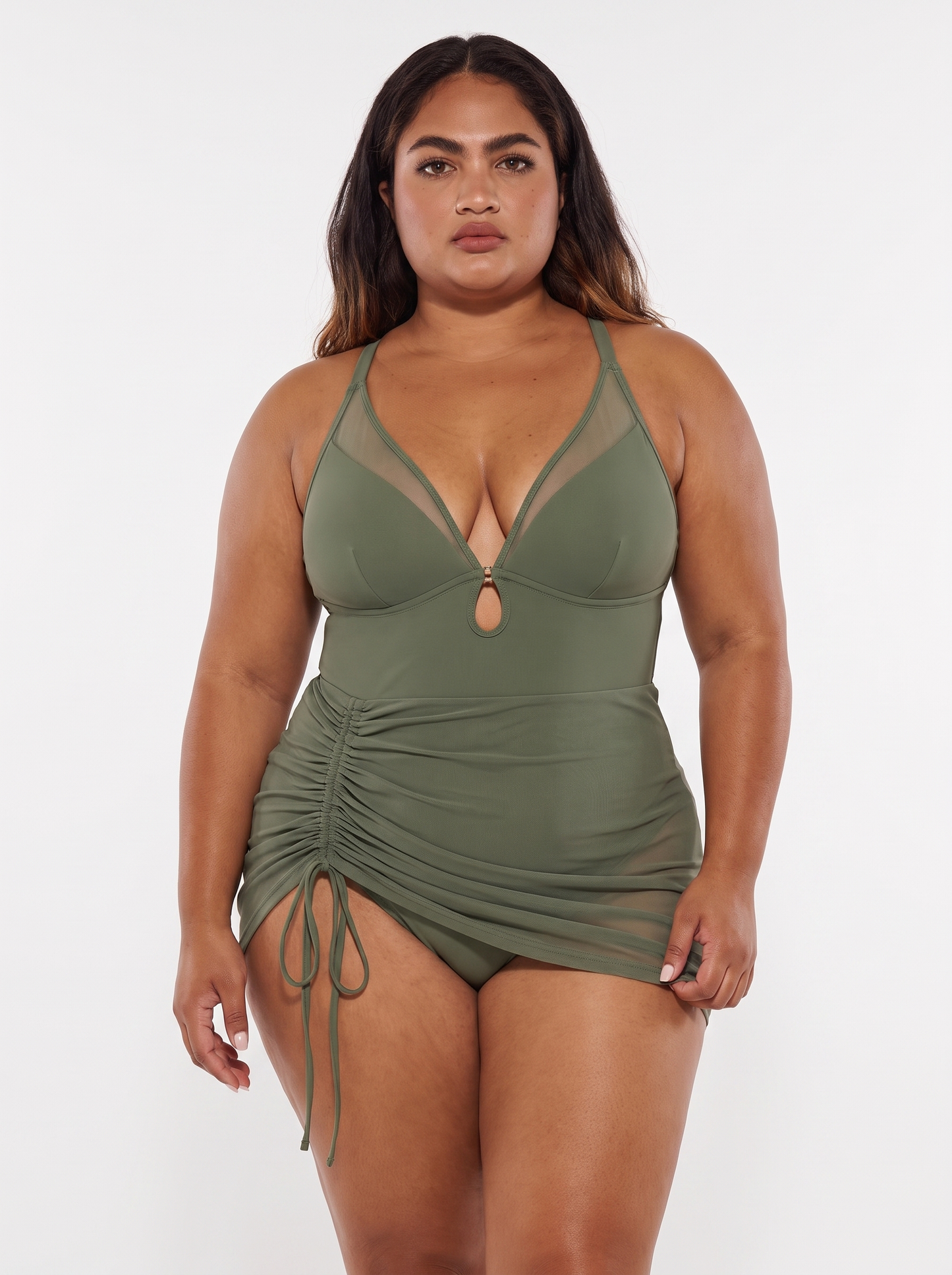 Sculpting Curve Mesh Skirt One-Piece Swimsuit - Mist Green