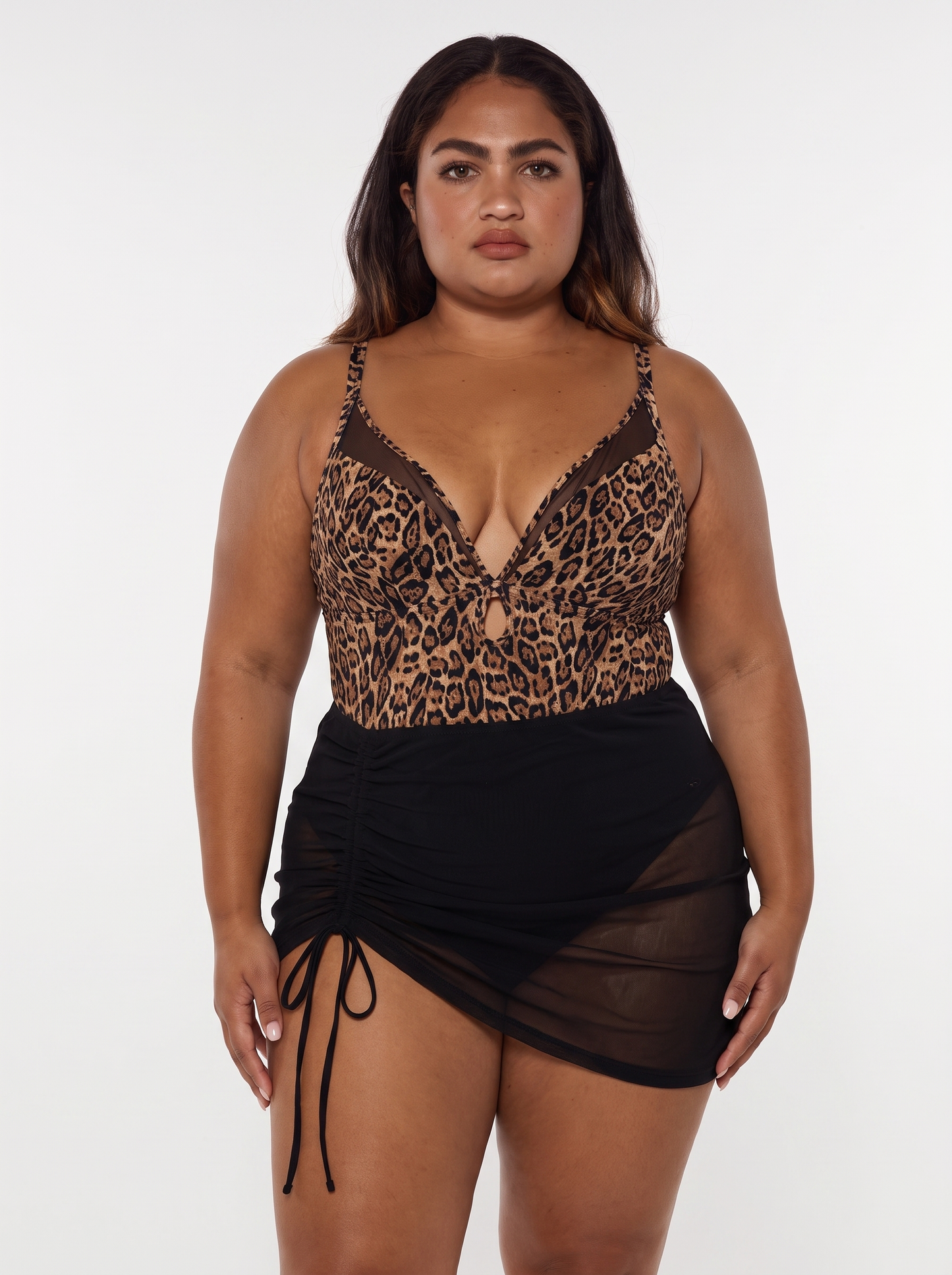 Sculpting Curve Mesh Skirt One-Piece Swimsuit - Leopard