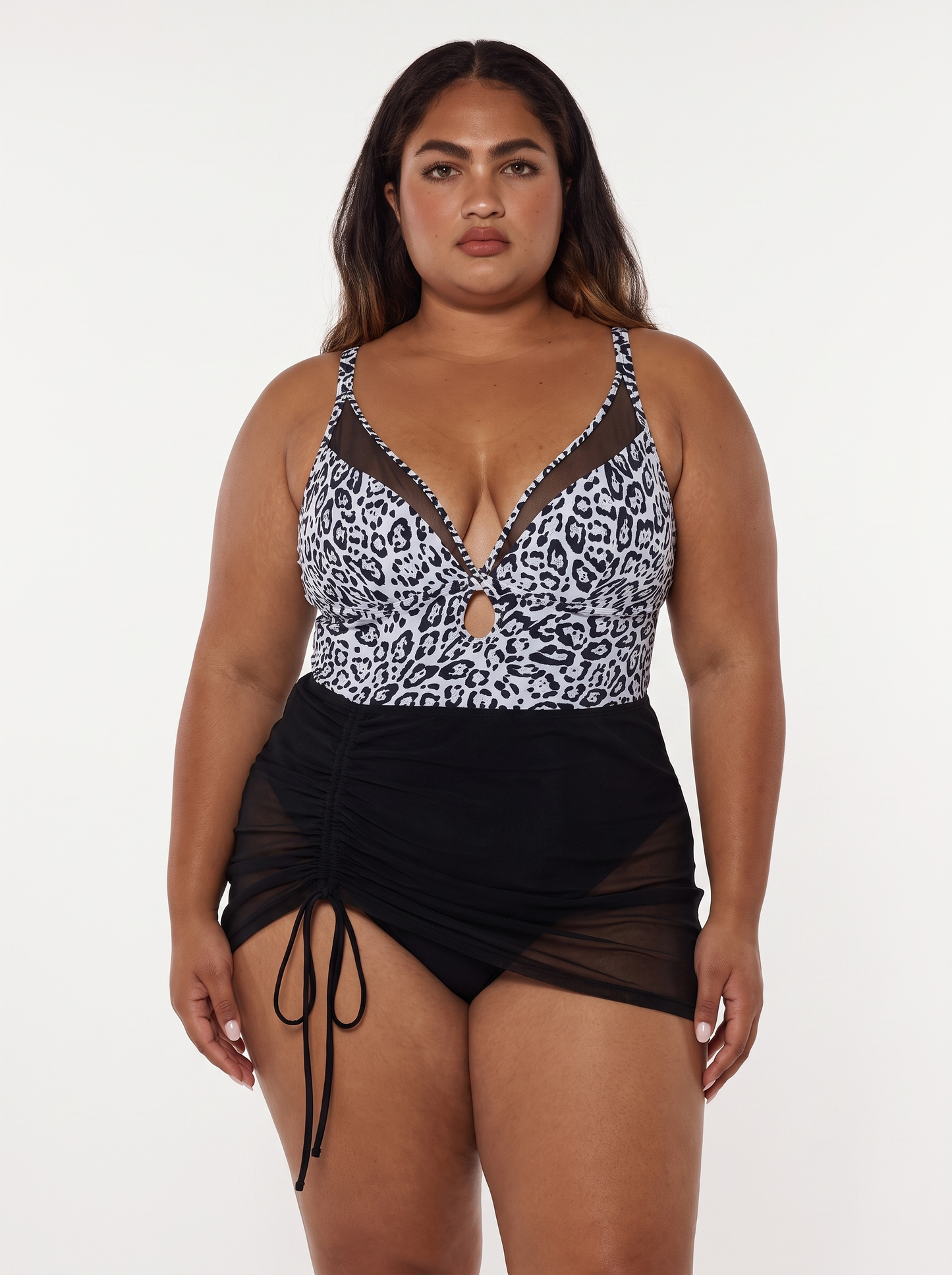 Sculpting Curve Mesh Skirt One-Piece Swimsuit - White Leopard