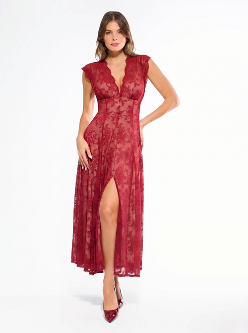 Shapewear Boho Floral Lace Front Slit Maxi Dress - Red