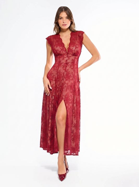 Shapewear Boho Floral Lace Front Slit Maxi Dress - Red