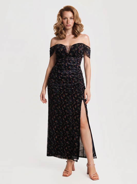 Off-The-Shoulder Sculpting Floral Print Maxi Dress - Black Floral