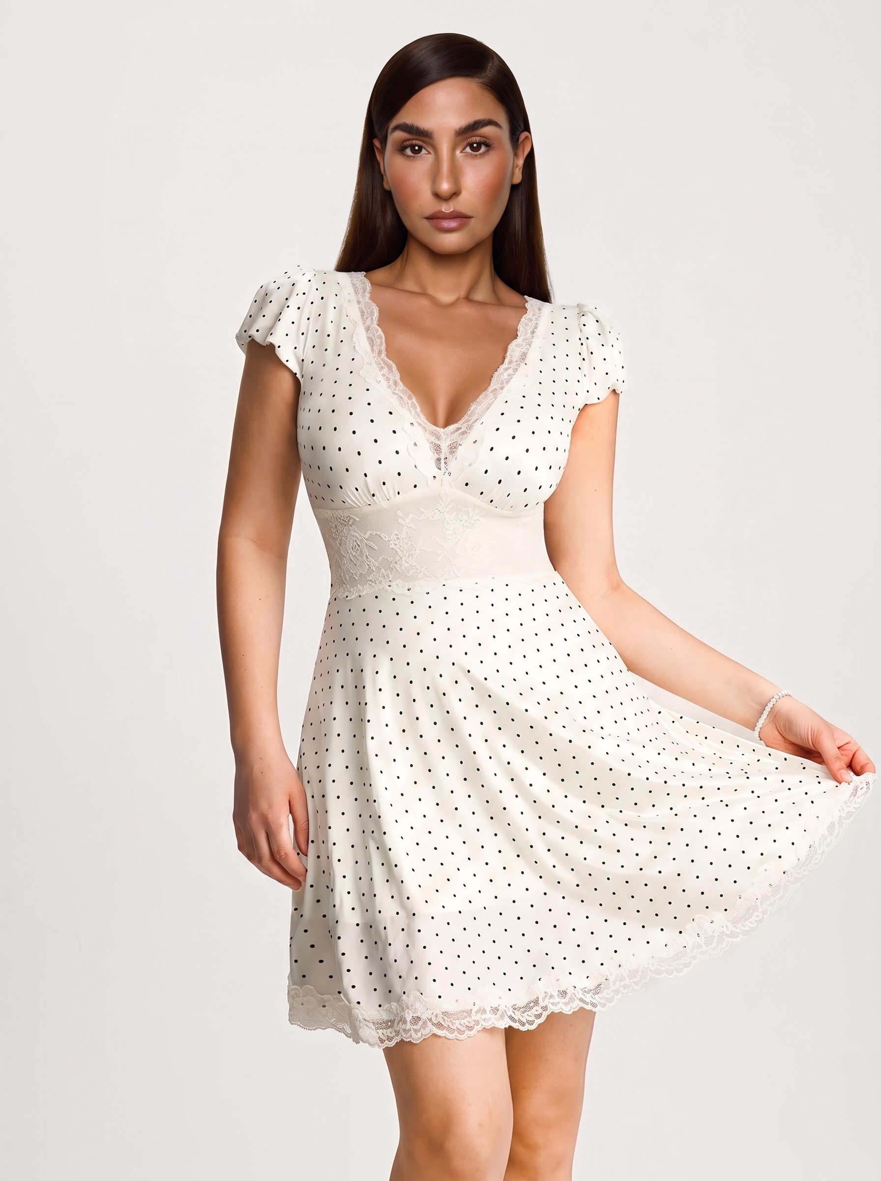 Lace Trim Sculpting Fit & Flare Mini Dress - White Polka Dot