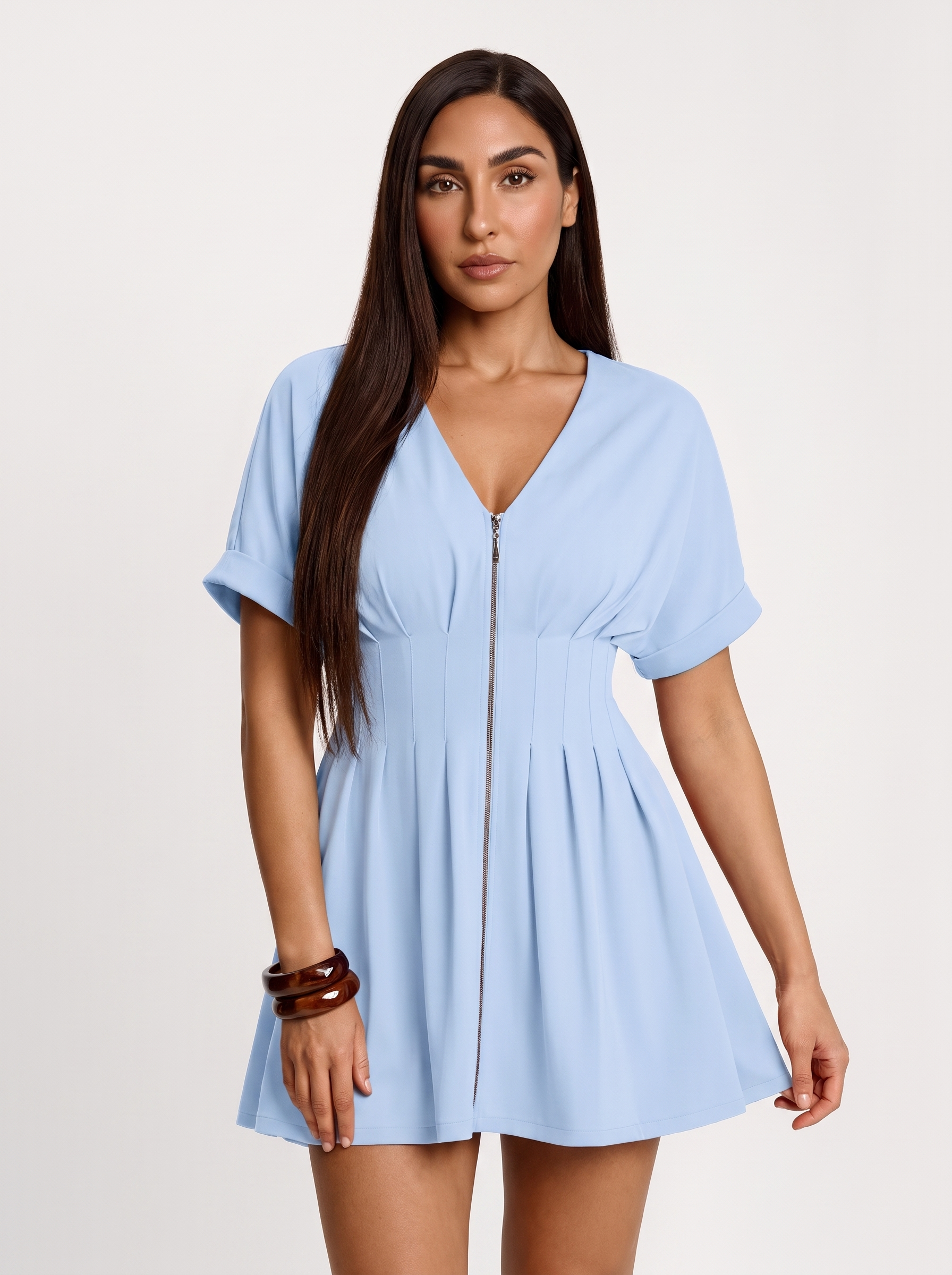 Deep V Zip Front Two-Piece Sculpting Mini Dress - Light Blue
