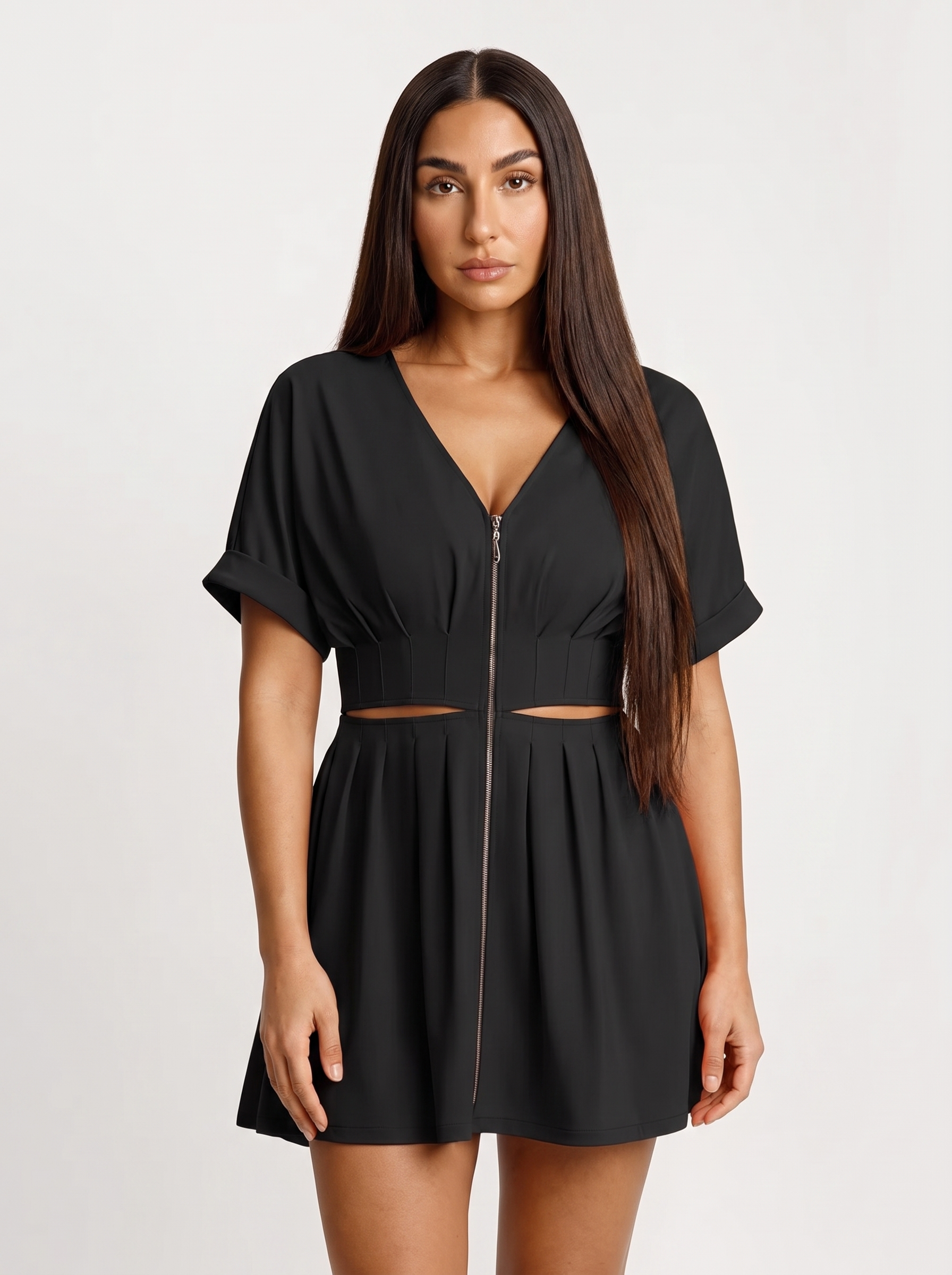 Deep V Zip Front Two-Piece Sculpting Mini Dress - Black