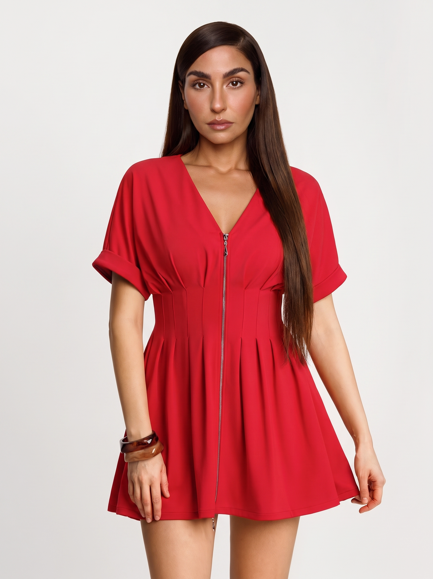Deep V Zip Front Two-Piece Sculpting Mini Dress - Red