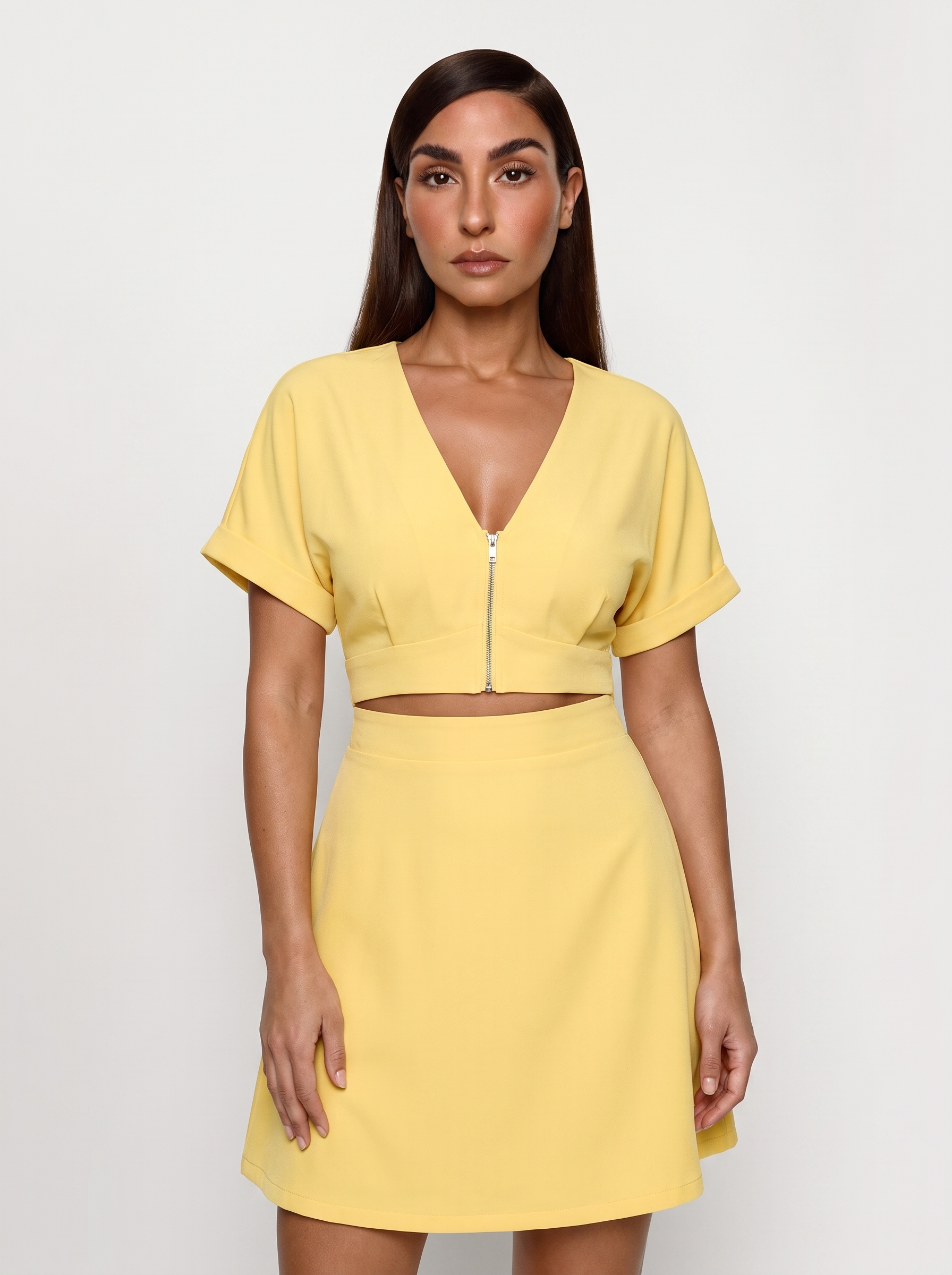 Deep V Zip Front Two-Piece Sculpting Mini Dress - Yellow