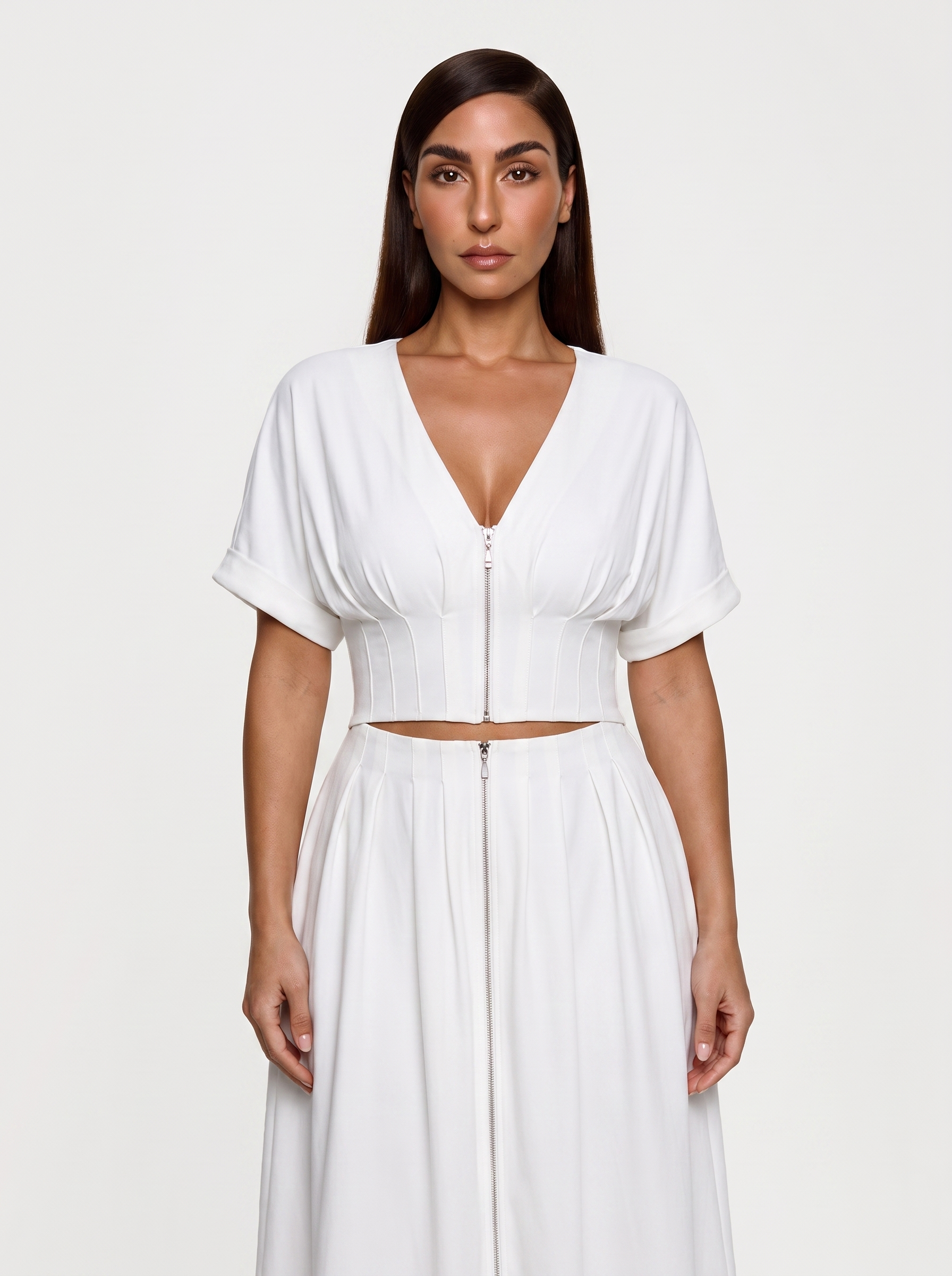 Deep V Zip Front Two-Piece Sculpting Mini Dress - White