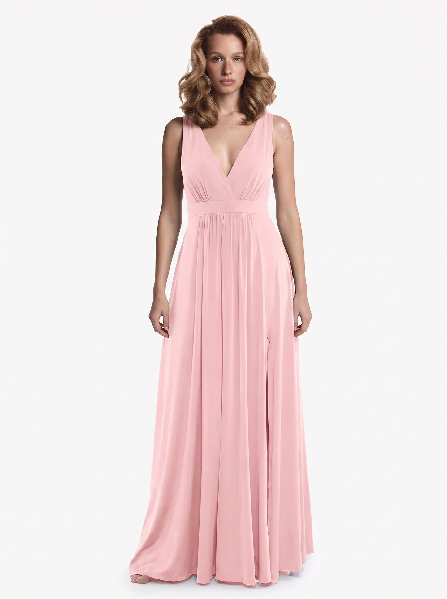 Shapewear Deep V-Neck Front Slit Goddess Maxi Dress - Pink