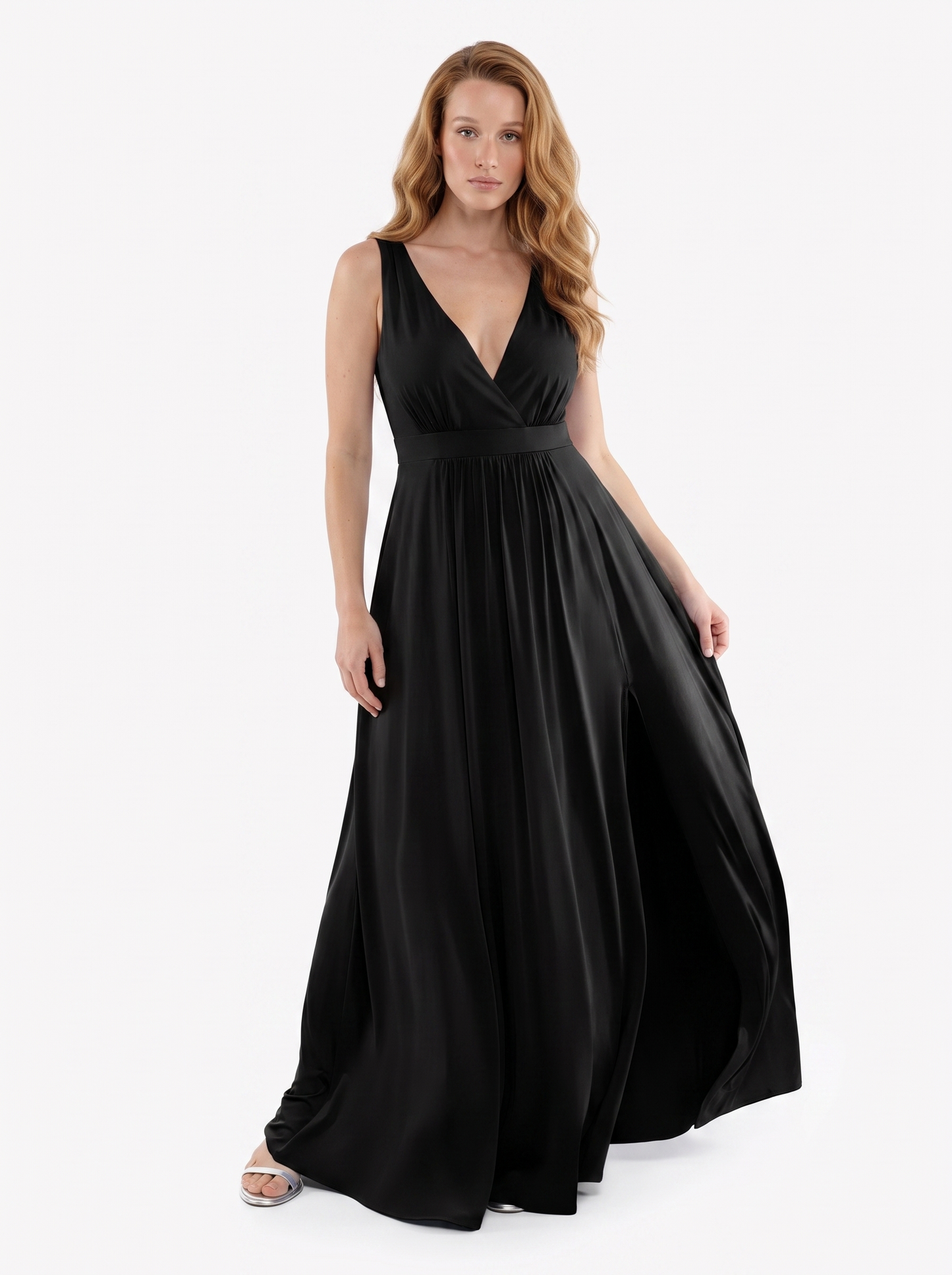 Shapewear Deep V-Neck Front Slit Goddess Maxi Dress - Black