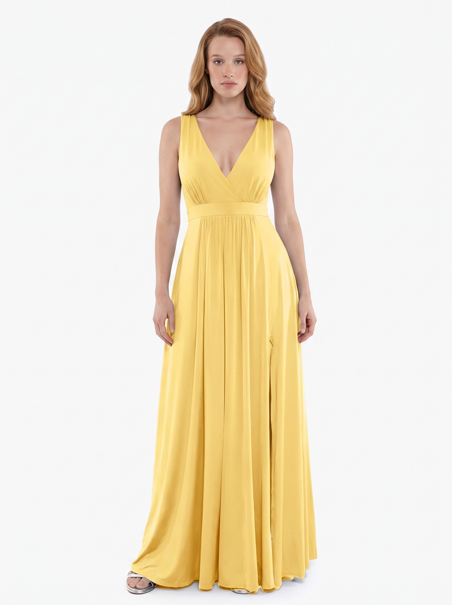 Shapewear Deep V-Neck Front Slit Goddess Maxi Dress - Yellow