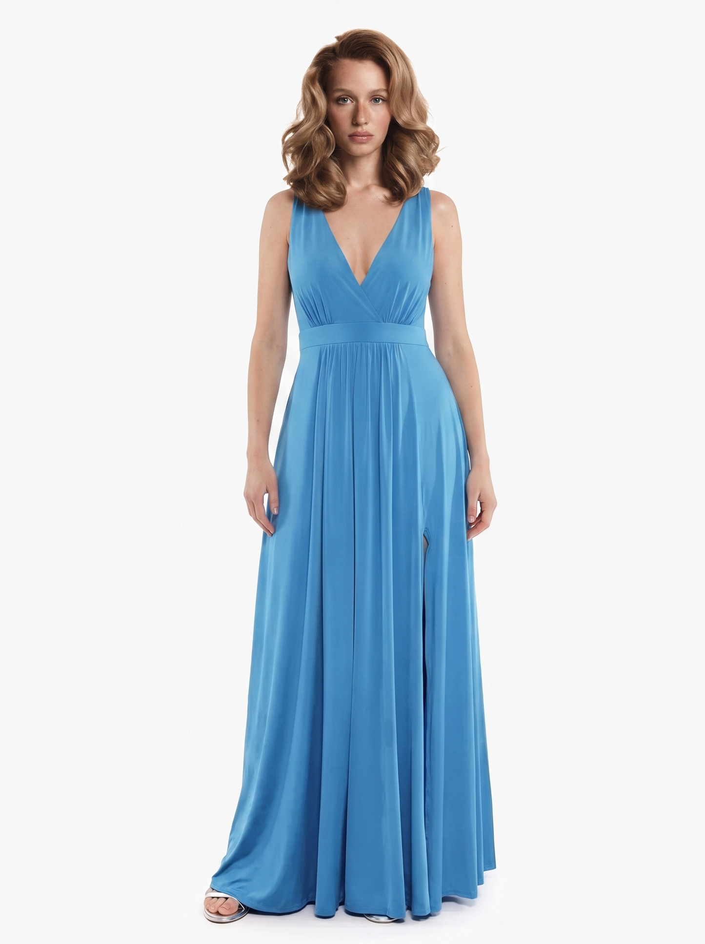 Shapewear Deep V-Neck Front Slit Goddess Maxi Dress - Blue