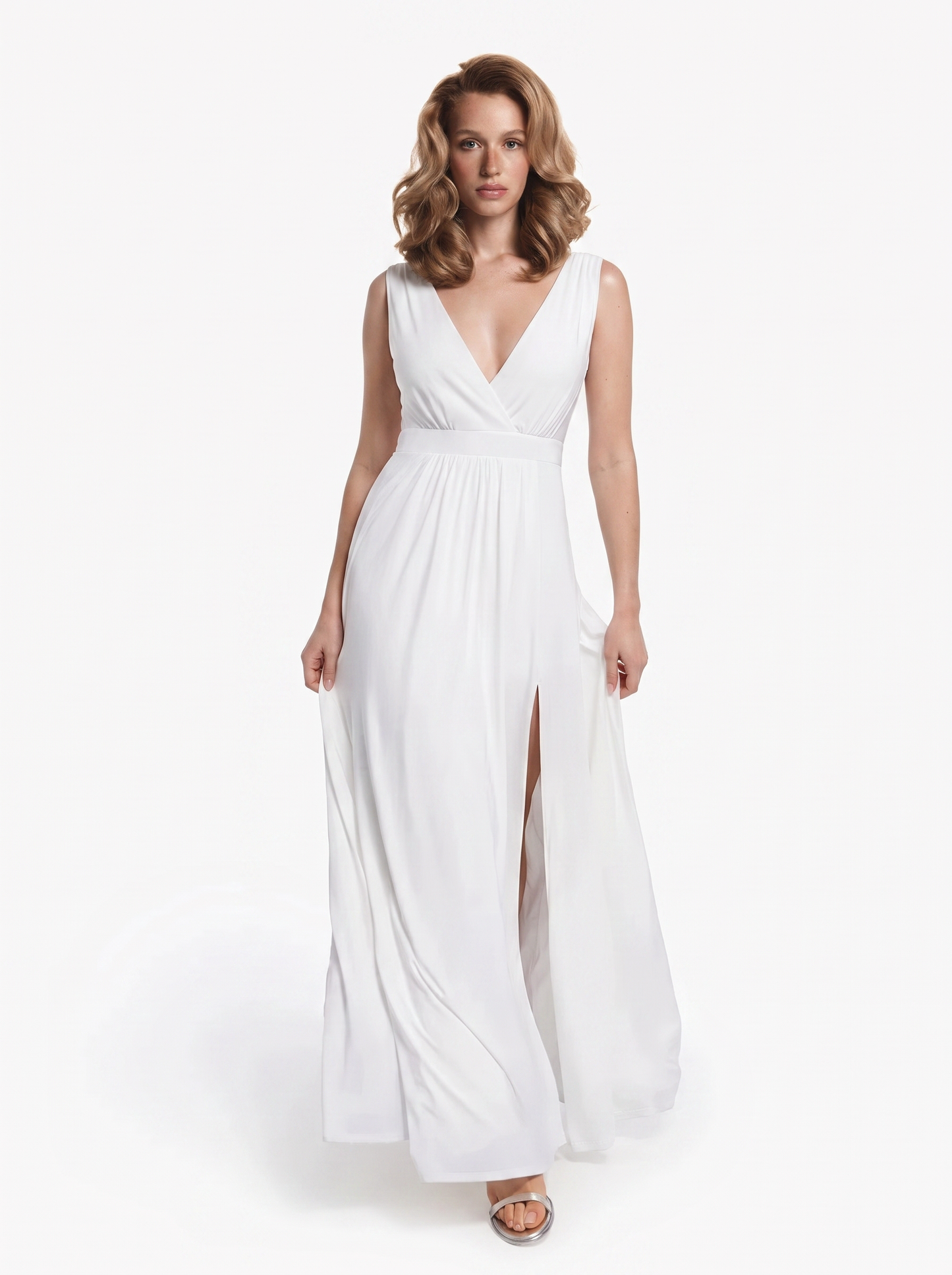 Shapewear Deep V-Neck Front Slit Goddess Maxi Dress - White