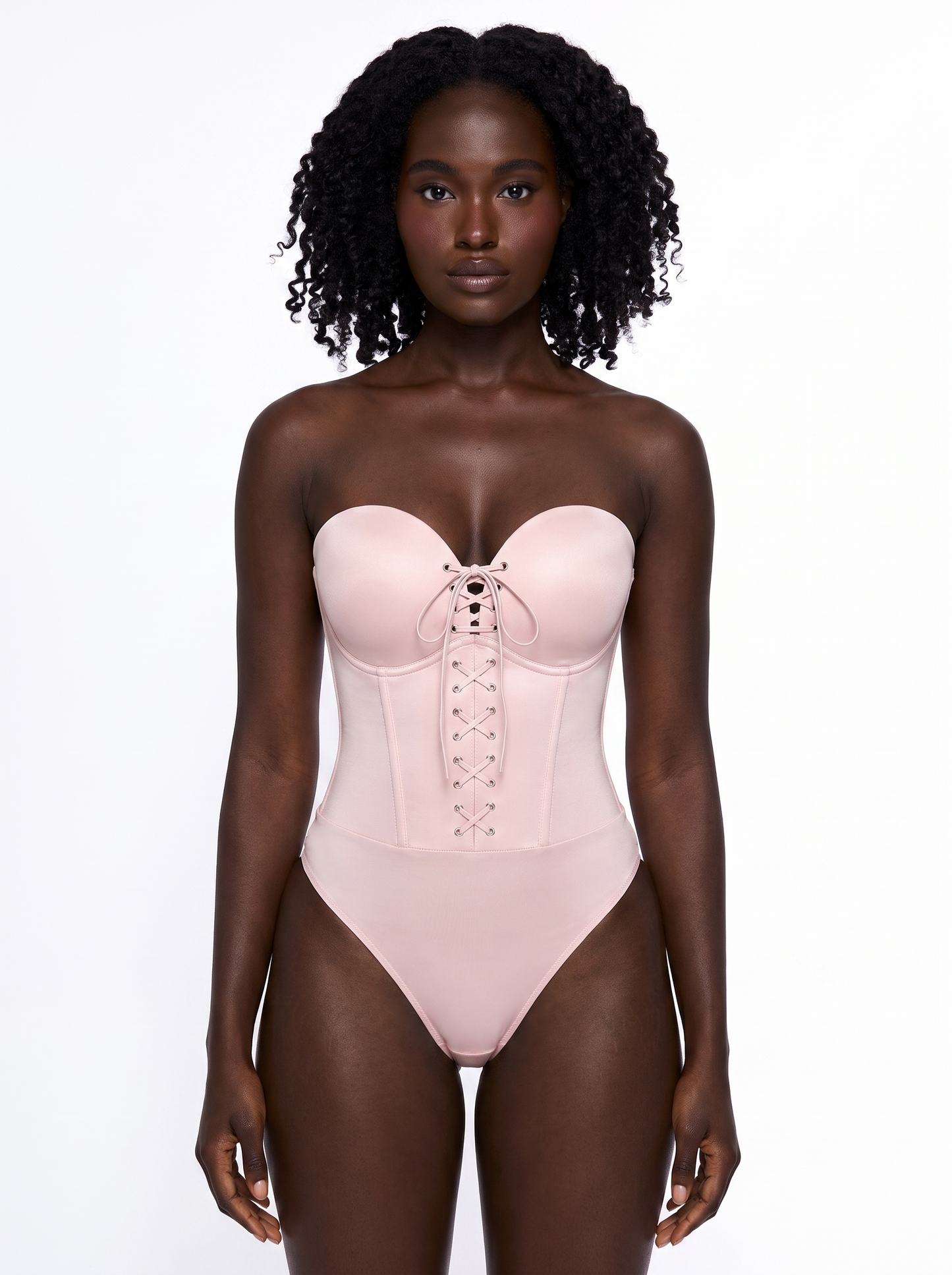 Shapewear Lace-Up Corset Bodysuit with Removable Straps - Nude Pink