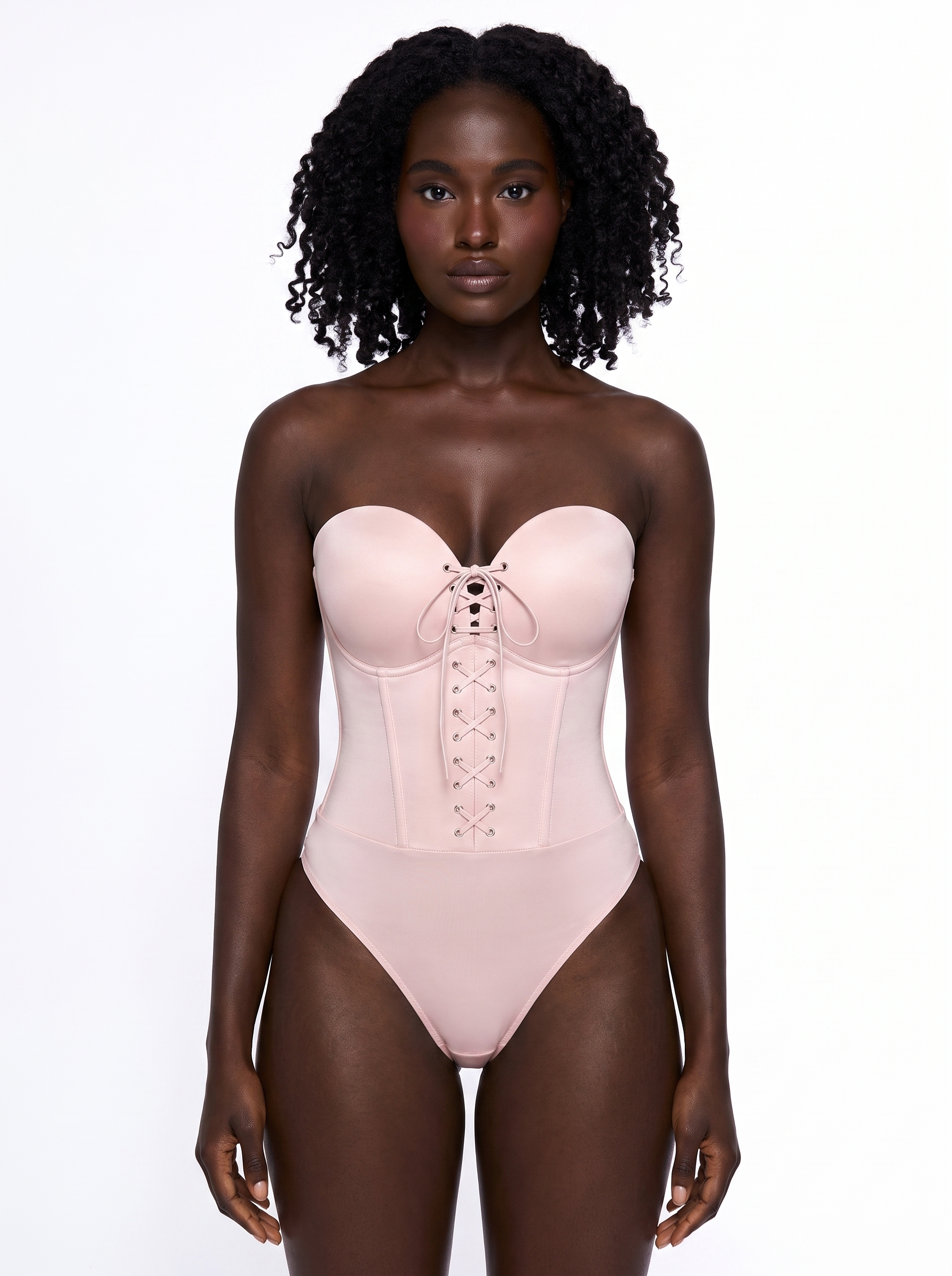 Shapewear Lace-Up Corset Bodysuit with Removable Straps - Nude Pink