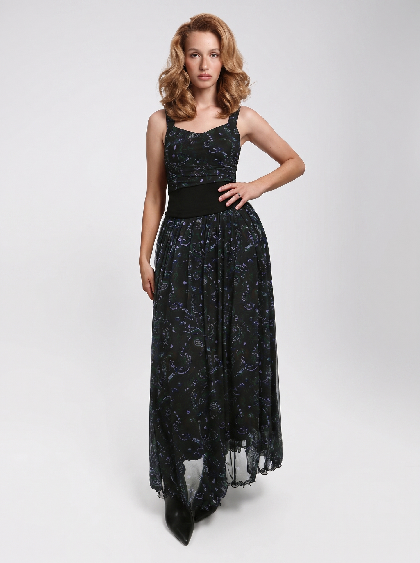 Shapewear Paisley High Waist A-Line Maxi Skirt - Black