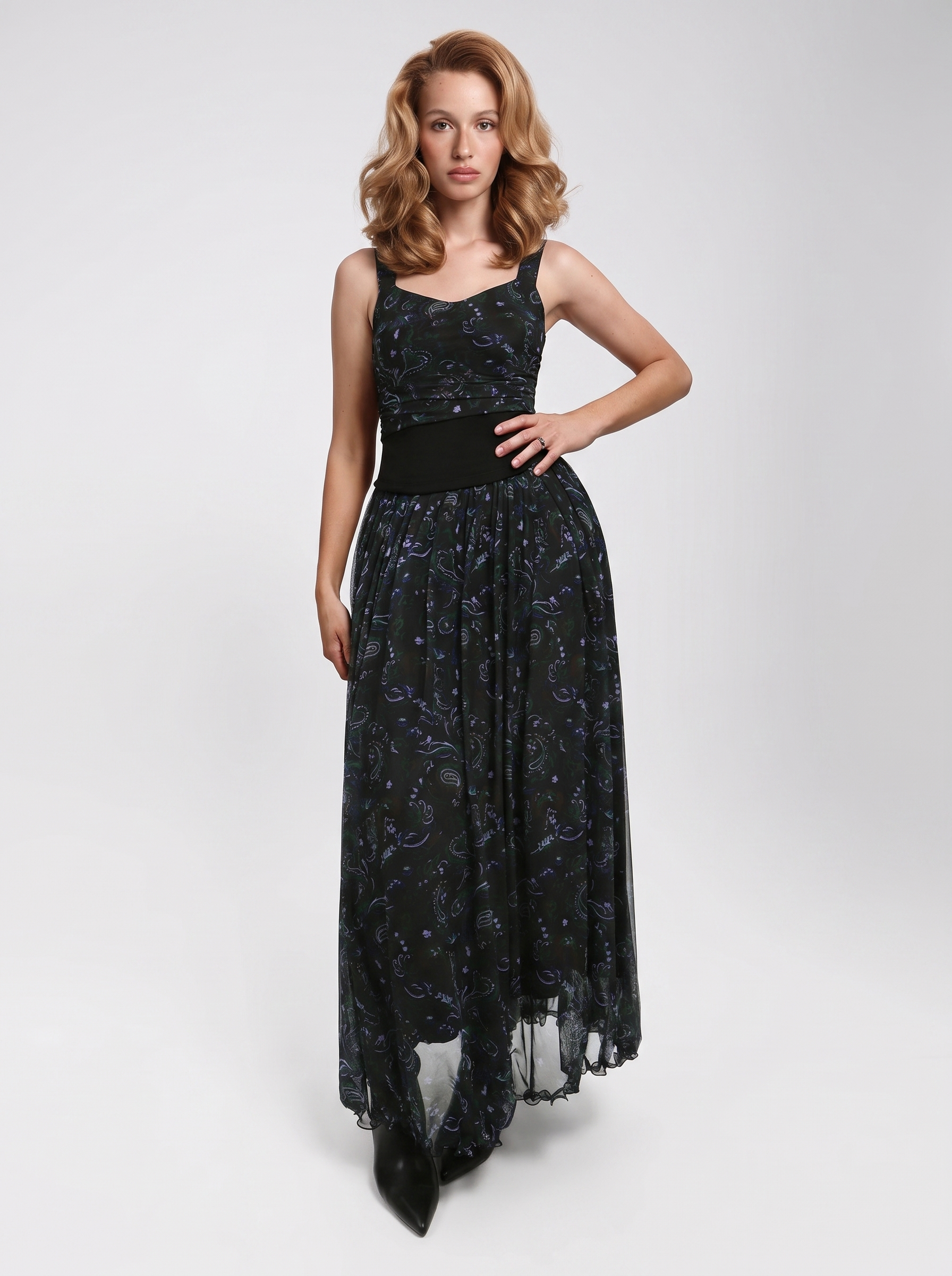 Shapewear Paisley High Waist A-Line Maxi Skirt - Black