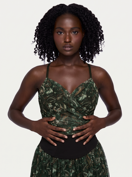 Shapewear Paisley V Neck Mesh Cami Corset Top - Forest Green Floral