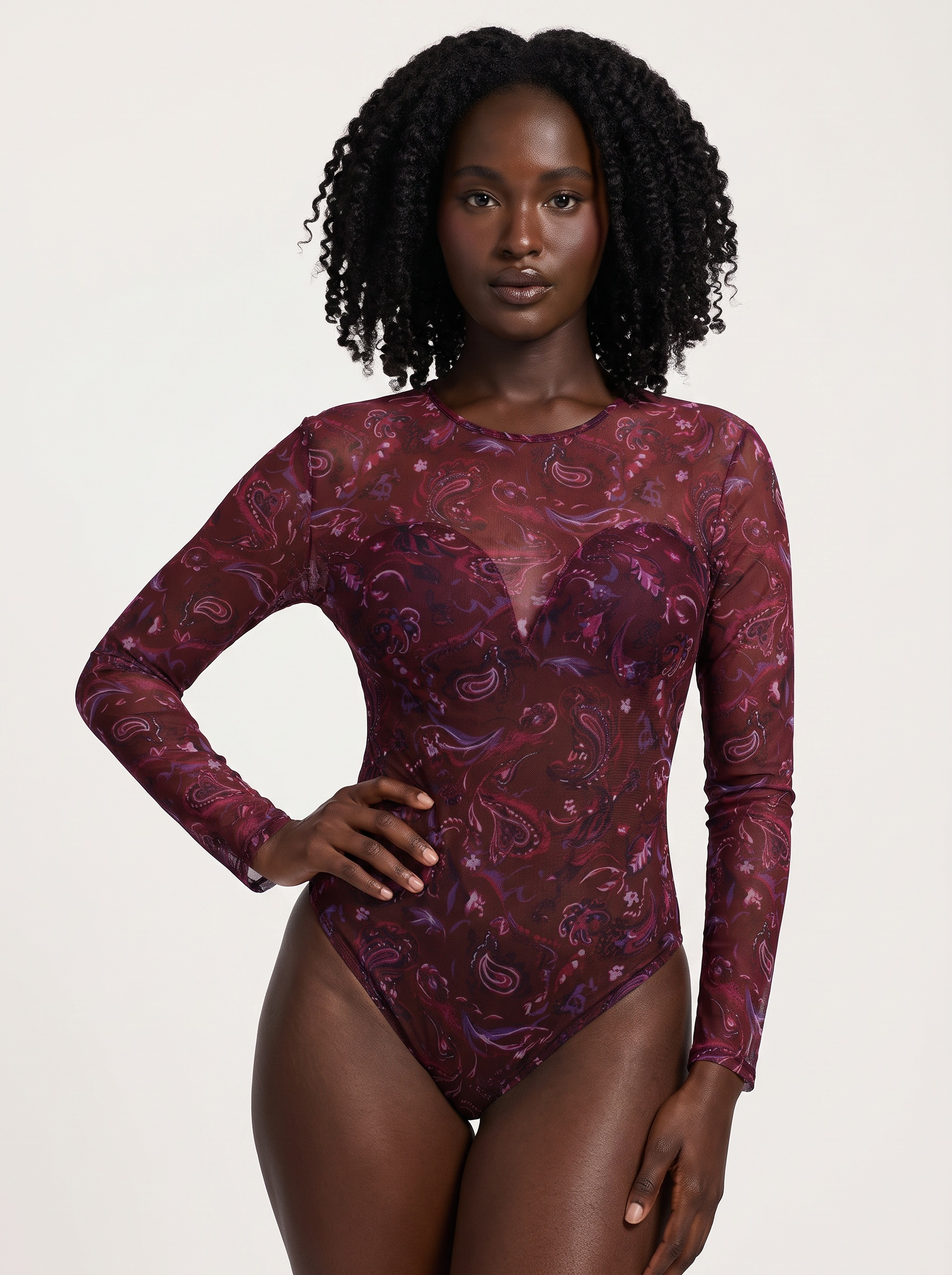 Shapewear Paisley Mesh Long Sleeve Sweetheart Bodysuit - Red Paisley