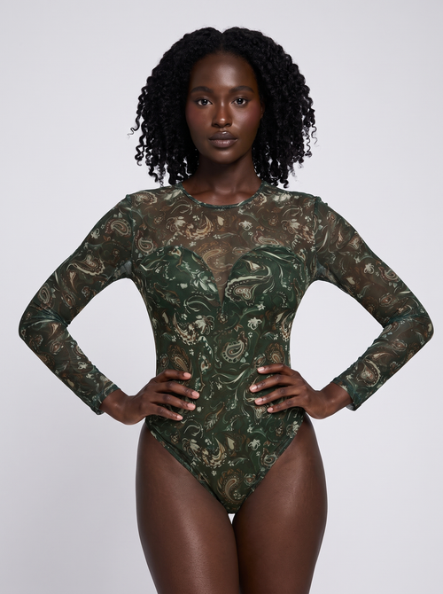 Shapewear Paisley Mesh Long Sleeve Sweetheart Bodysuit - Forest Green Floral