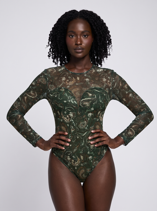 Shapewear Paisley Mesh Long Sleeve Sweetheart Bodysuit - Forest Green Floral