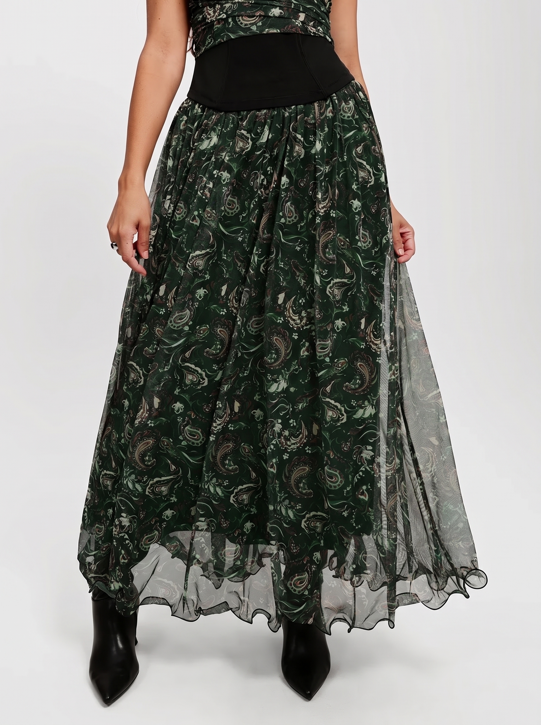 Shapewear Paisley High Waist A-Line Maxi Skirt - Forest Green Floral