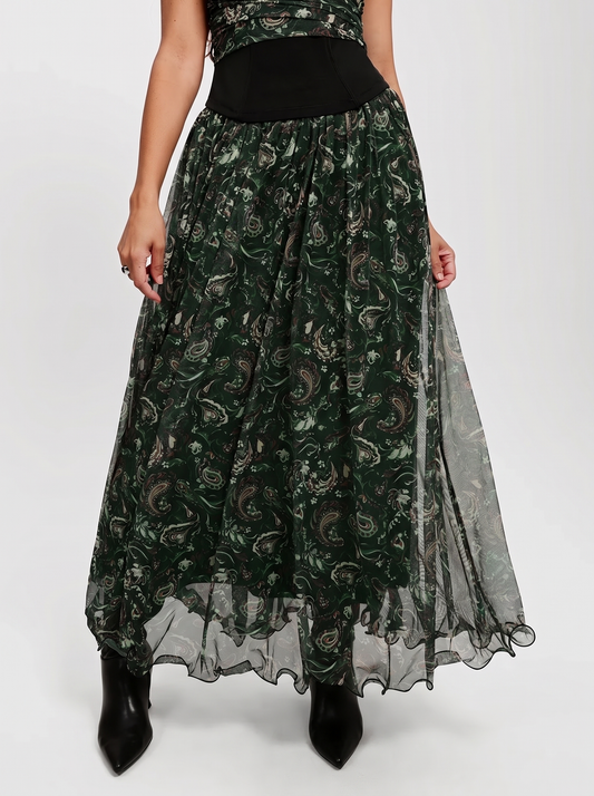 Shapewear Paisley High Waist A-Line Maxi Skirt - Forest Green Floral