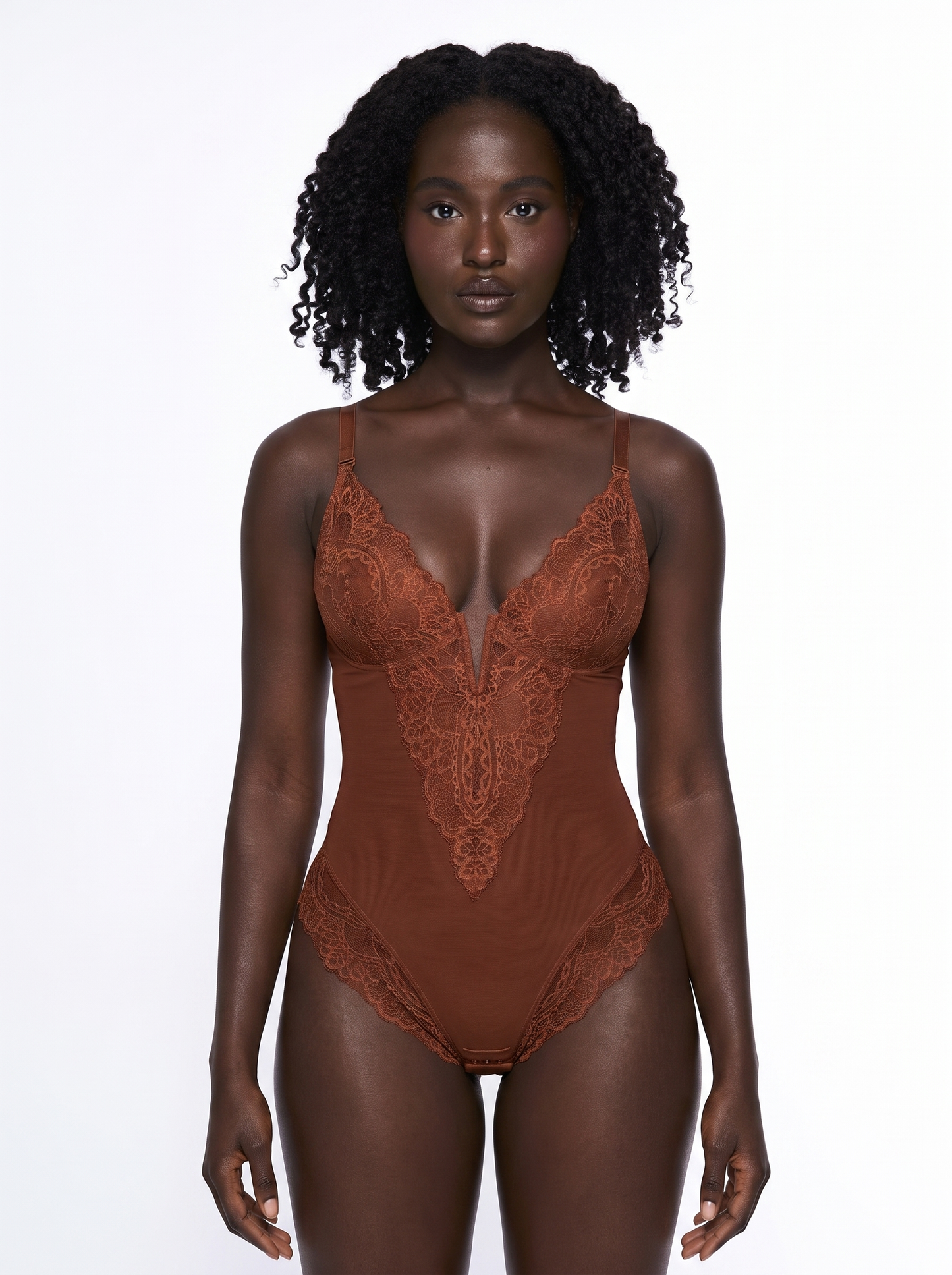 Shapewear Lace Deep V-Neck Sculpting Thong Bodysuit - Brown