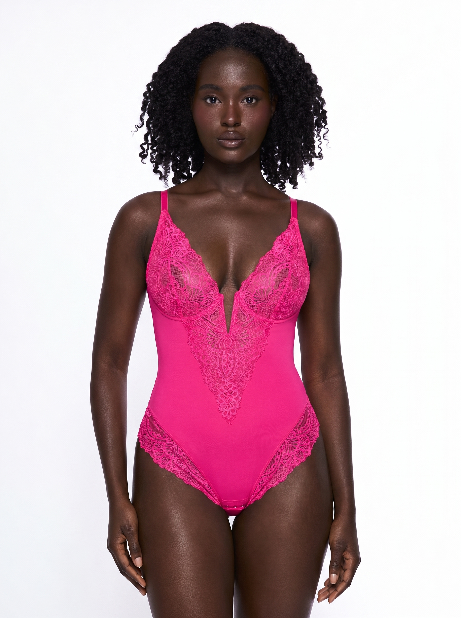 Shapewear Lace Deep V-Neck Sculpting Thong Bodysuit - Hibiscus Pink
