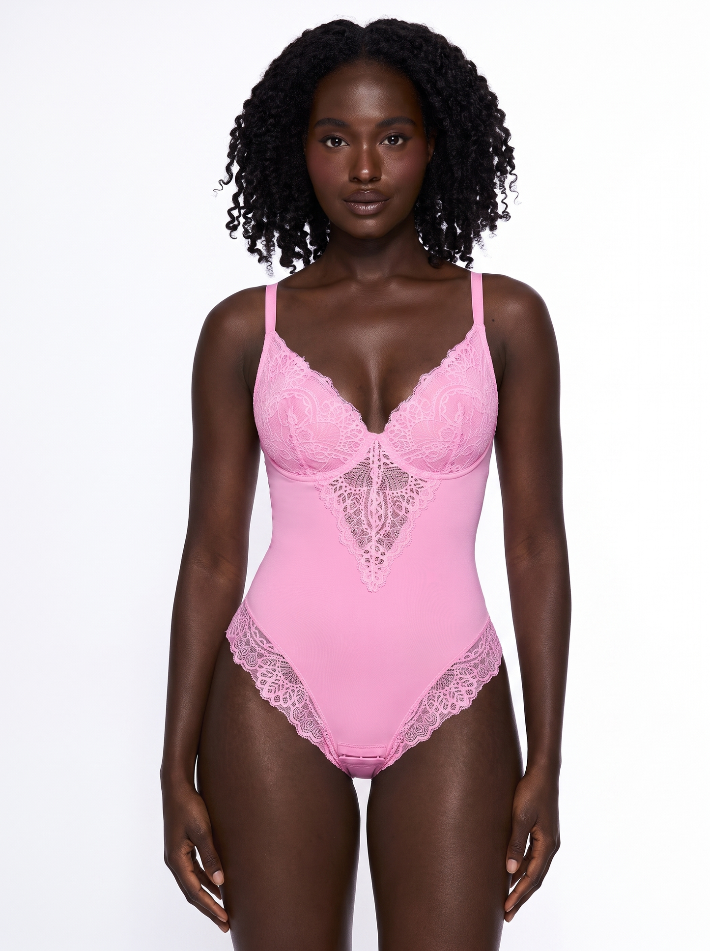 Seamless Lace V-Neck Shapewear Bodysuit - Pink