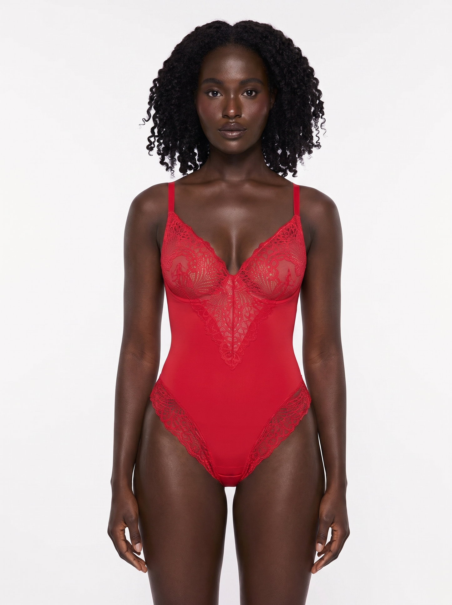 Seamless Lace V-Neck Shapewear Bodysuit - Red