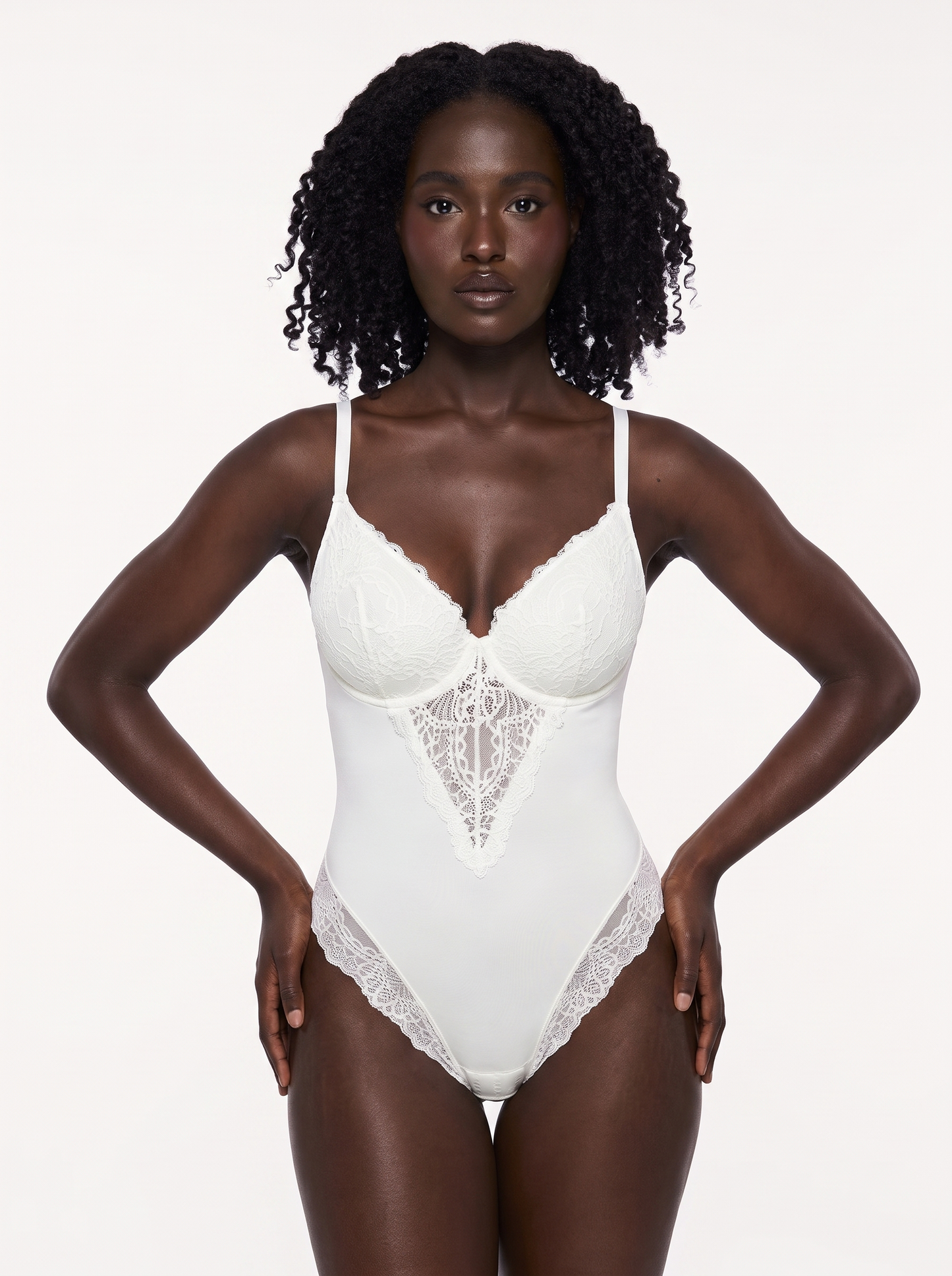 Seamless Lace V-Neck Shapewear Bodysuit - White