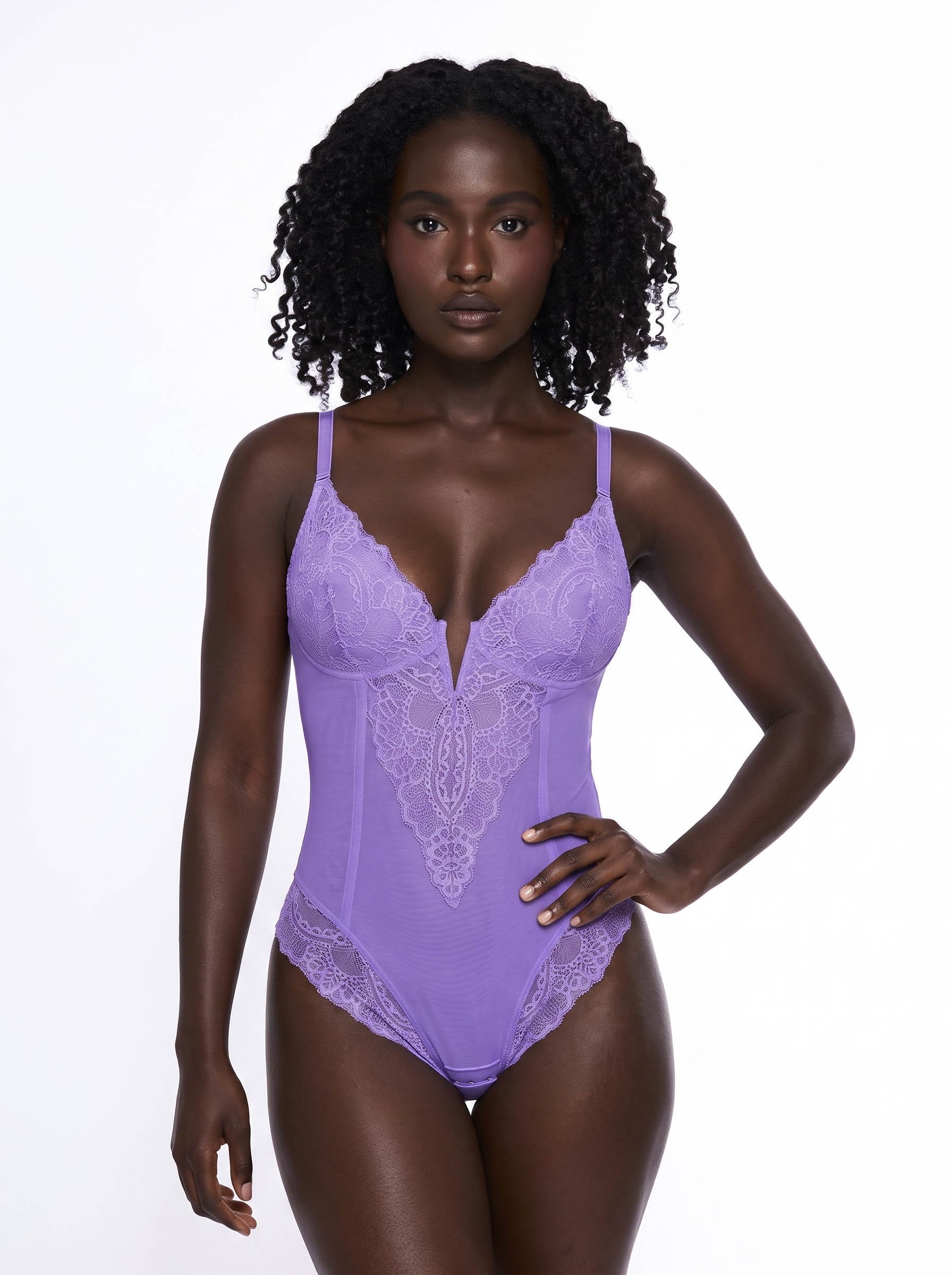 Shapewear Lace Deep V-Neck Sculpting Thong Bodysuit - Purple