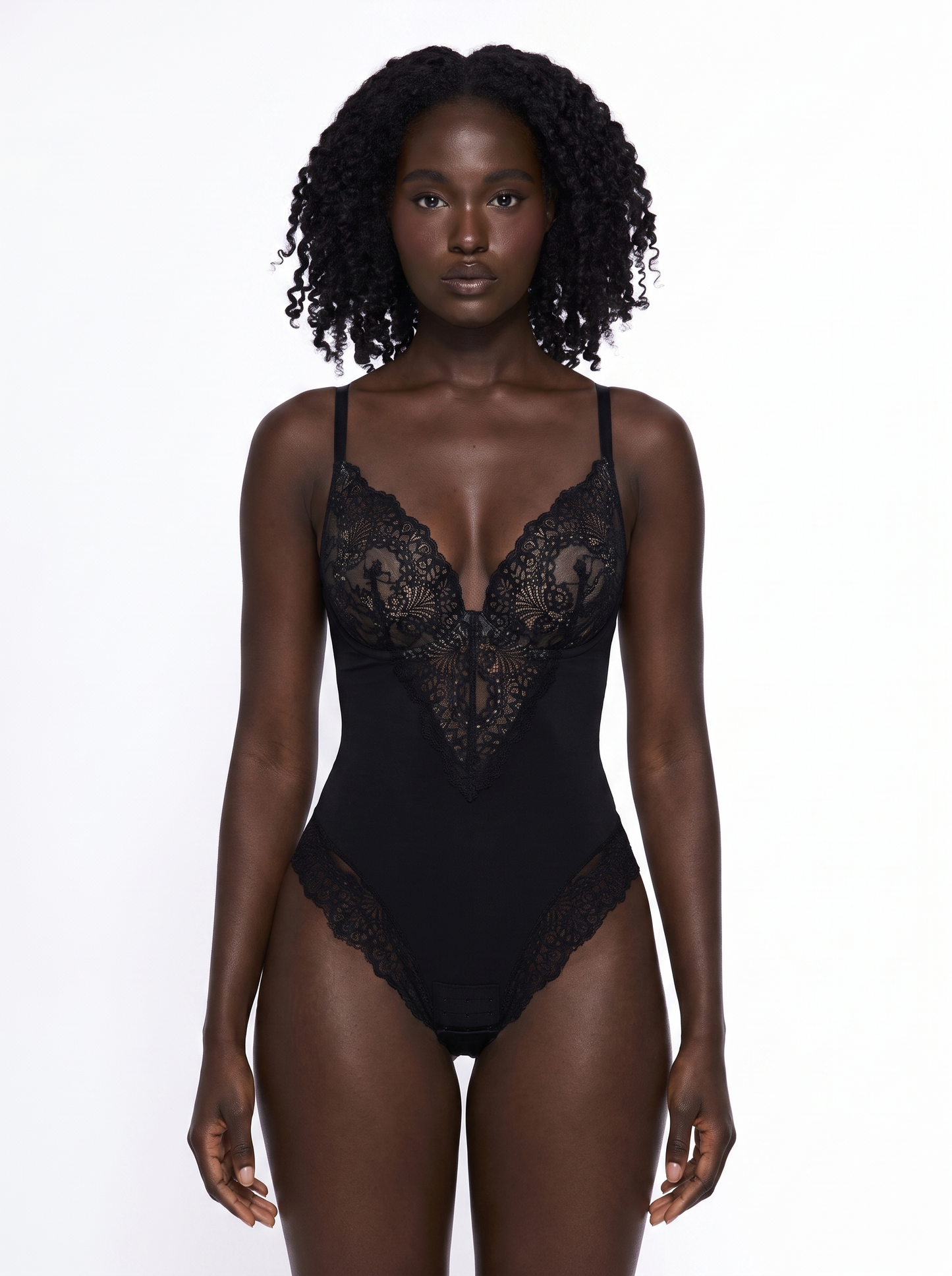 Seamless Lace V-Neck Shapewear Bodysuit - Black