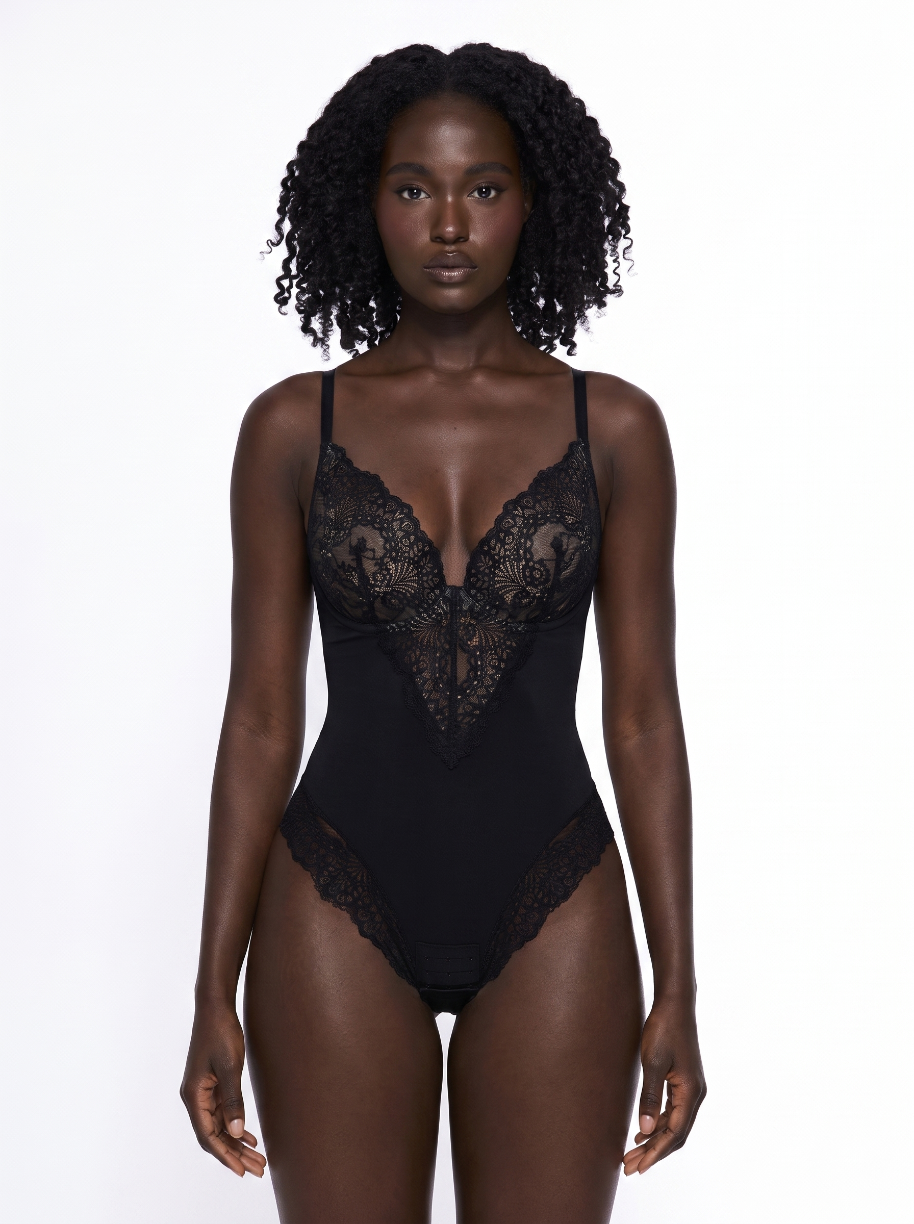 Seamless Lace V-Neck Shapewear Bodysuit - Black